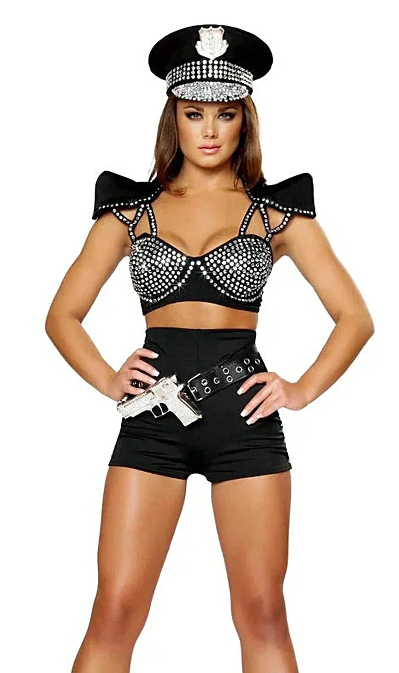 ROMA IS-4396 Sexy Cop Costume for Women - 2 PC Silver/Black M/L with Studded Bra Top & Shorts - Women's Costume