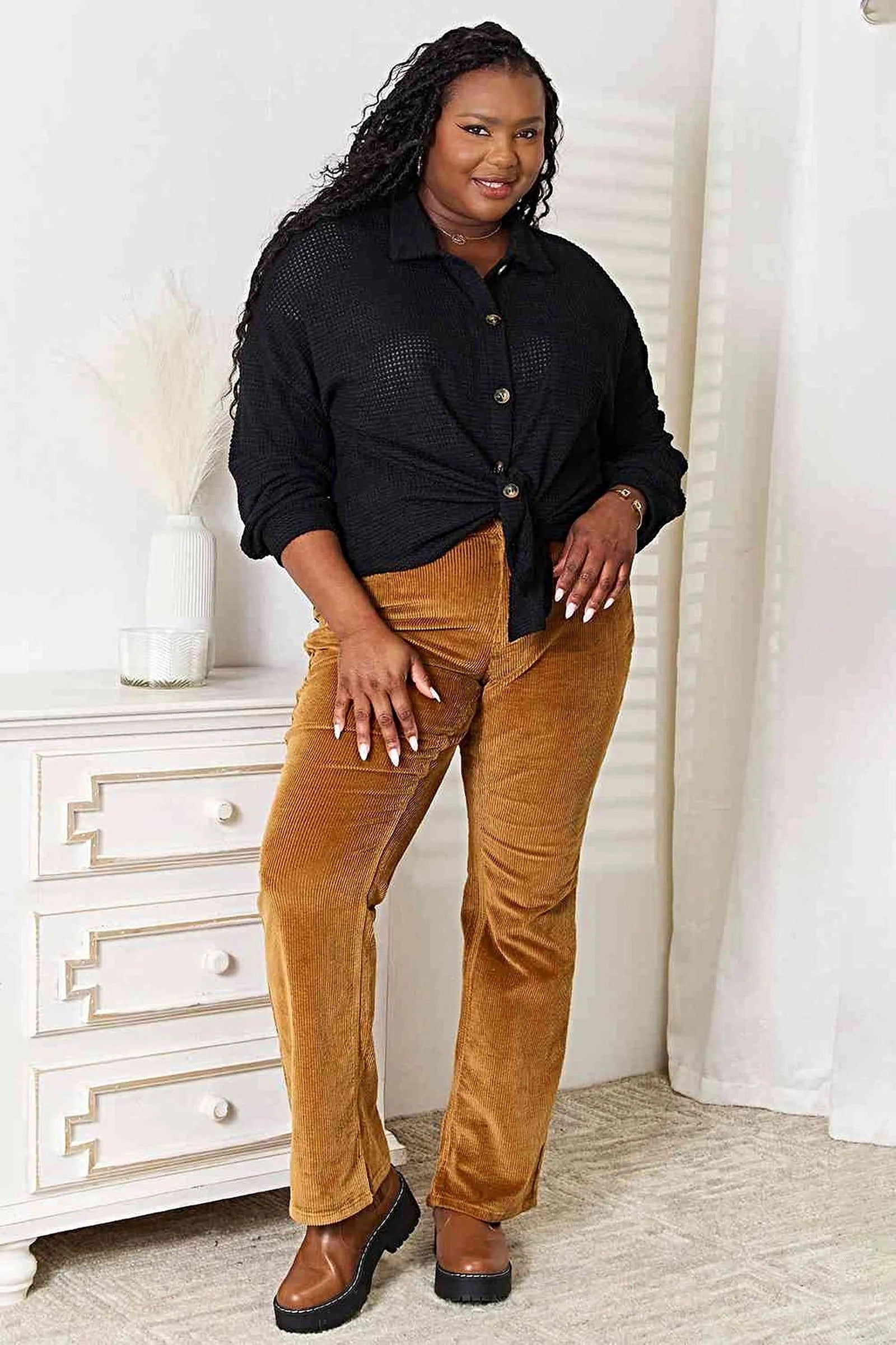 Double Take Waffle-Knit Collared Neck Dropped Shoulder Shirt -