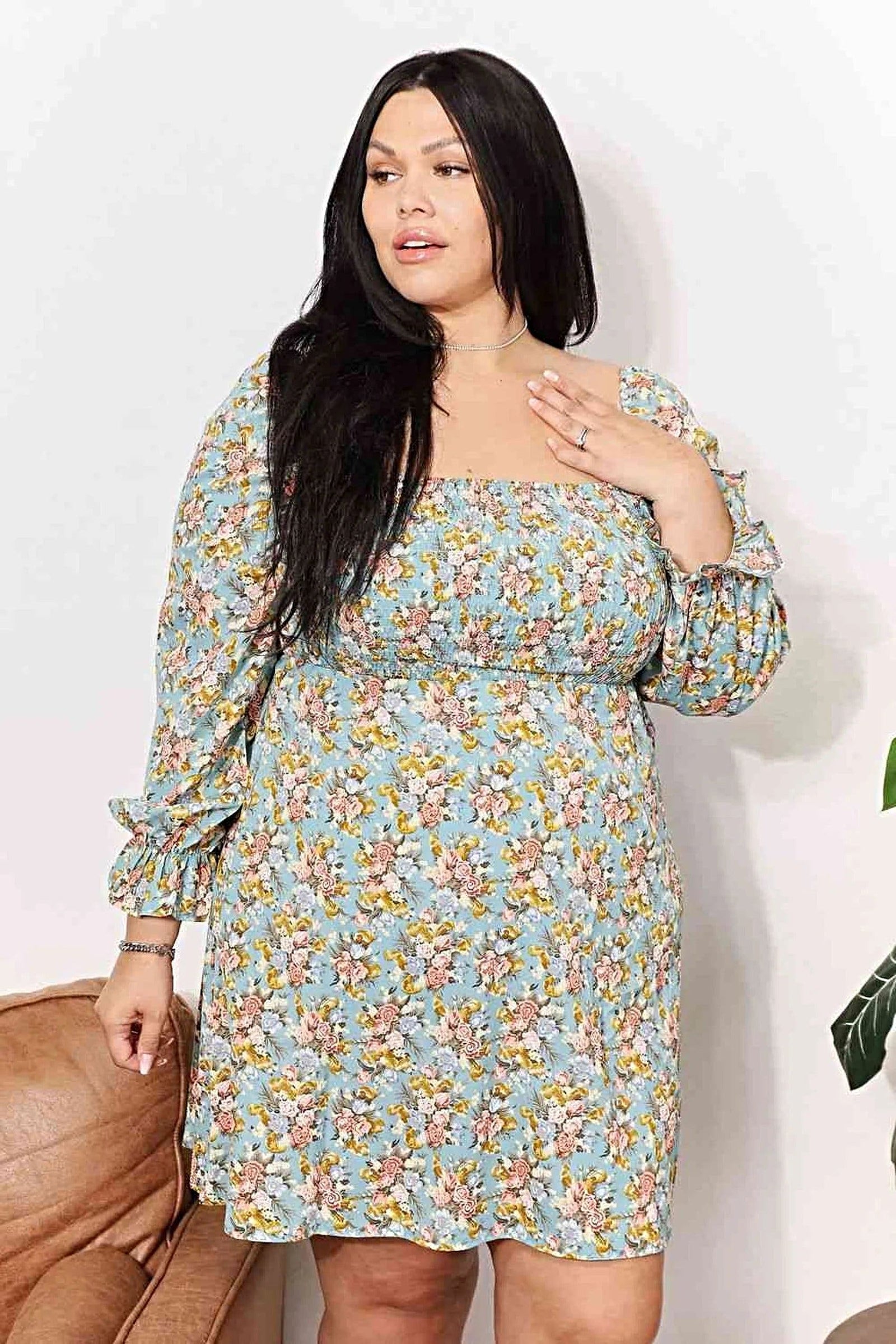 Double Take Floral Smocked Flounce Sleeve Square Neck Dress -