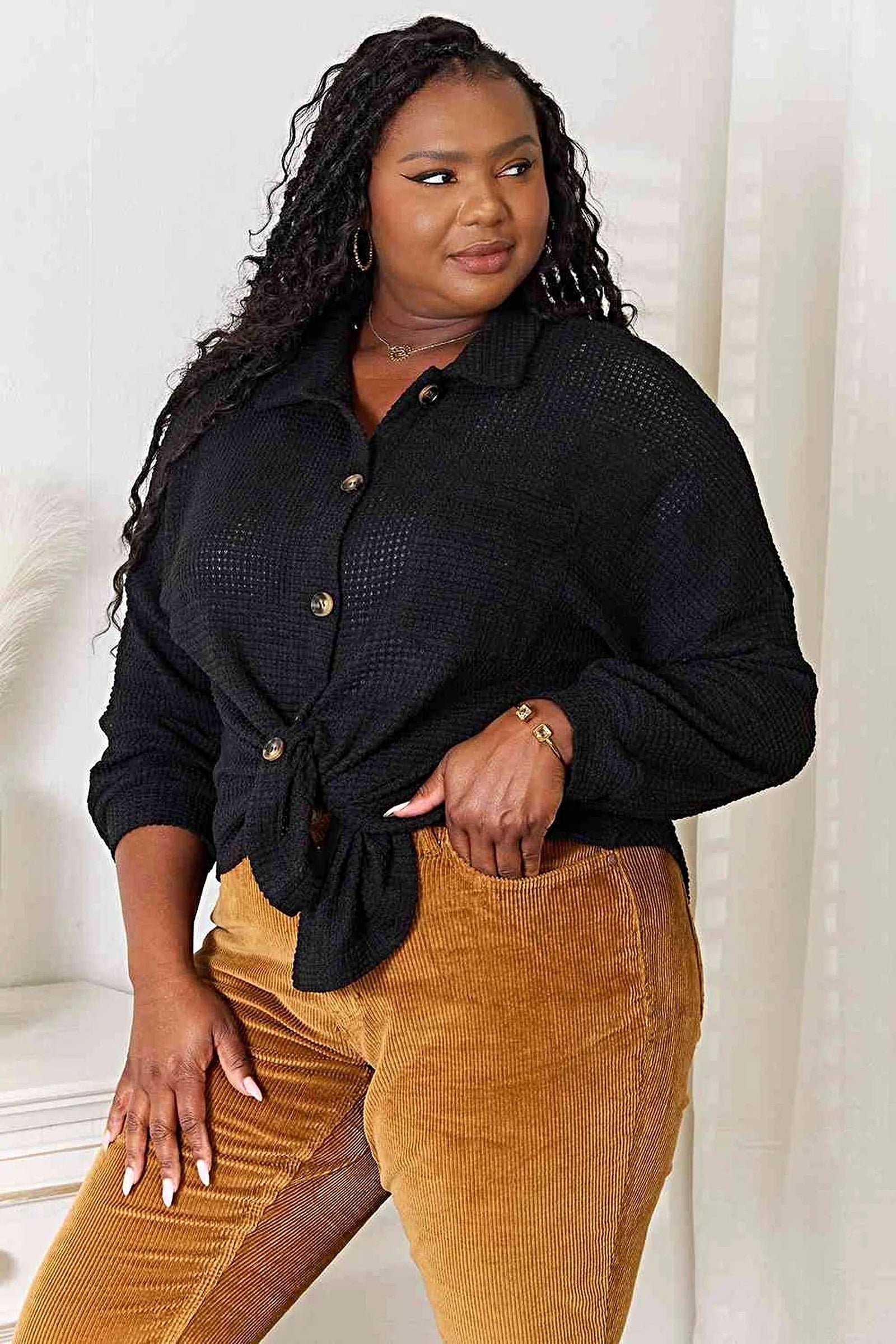 Double Take Waffle-Knit Collared Neck Dropped Shoulder Shirt Trendsi