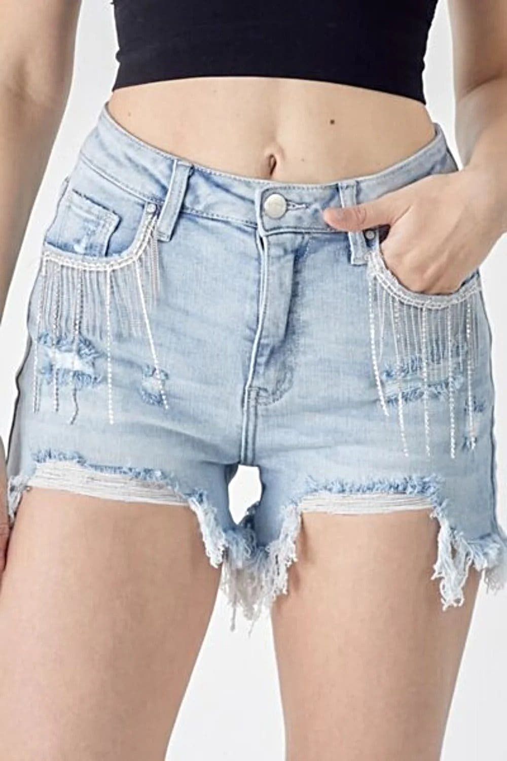 Sophisticated Frayed Hem Denim Shorts with Unique Fringe Detail Pockets for Fashion-Forward Style Trendsi