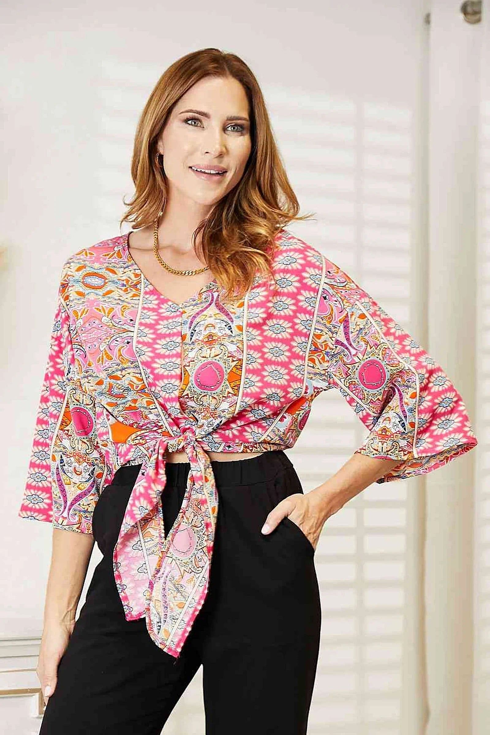 Chic Double Take Three-Quarter Sleeve Blouse with V-Neck and Tie Hem Detail Trendsi