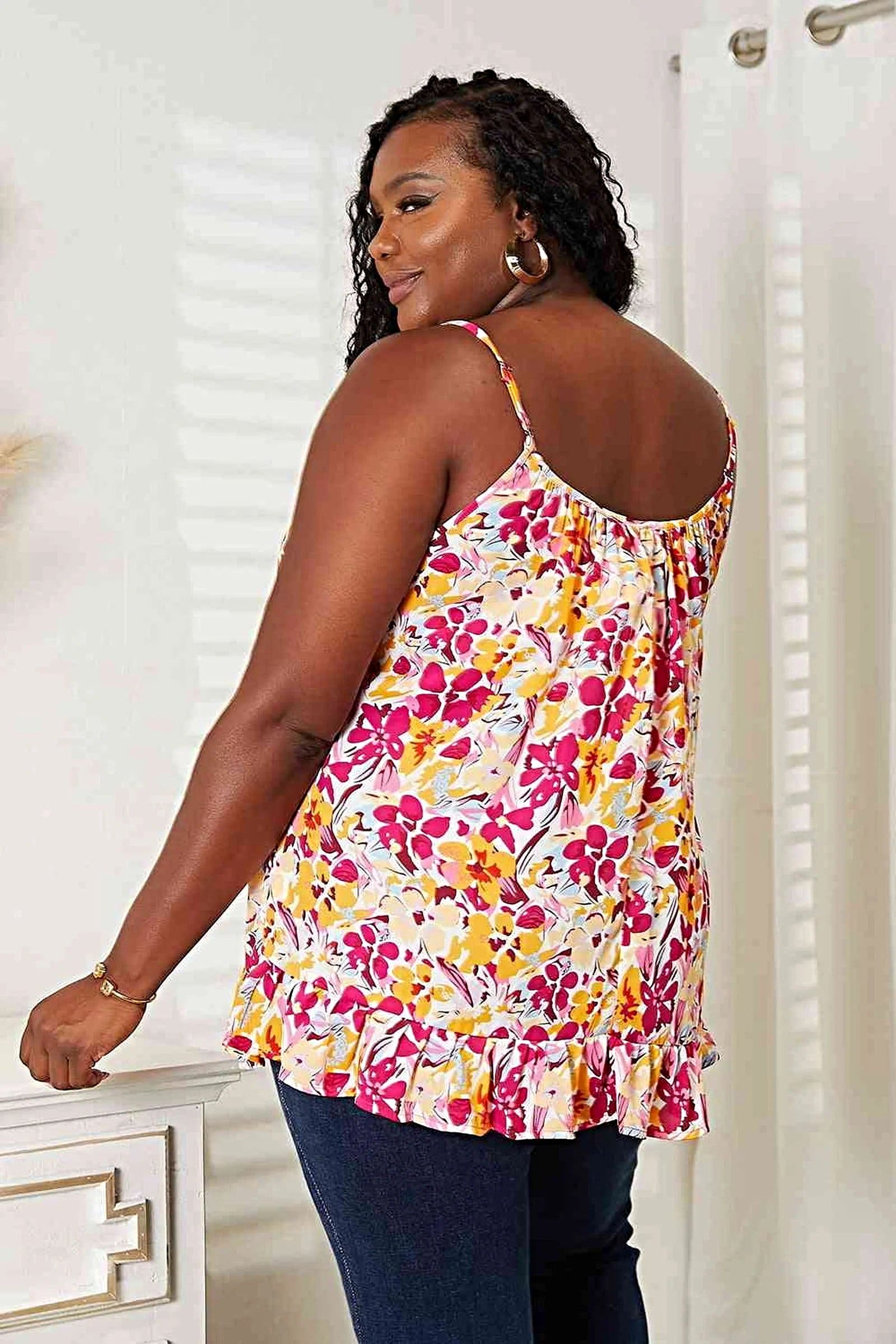 Floral Scoop Neck Cami with Ruffle Hem - Elegant Style for All Sizes, Including Plus Trendsi