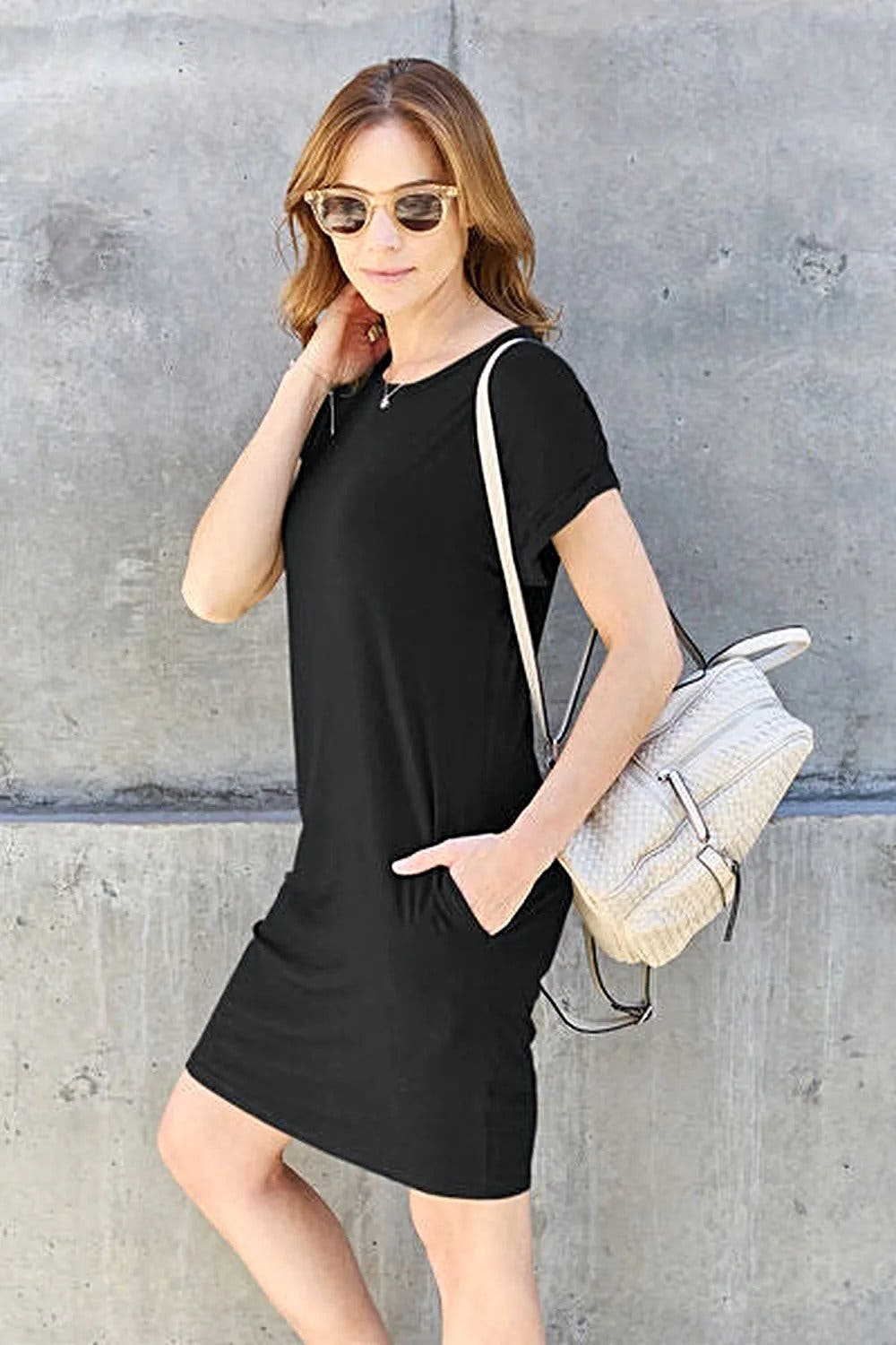 Casual Short Sleeve Dress With Pockets - Basic Bae Full Size Round Neck Style Trendsi