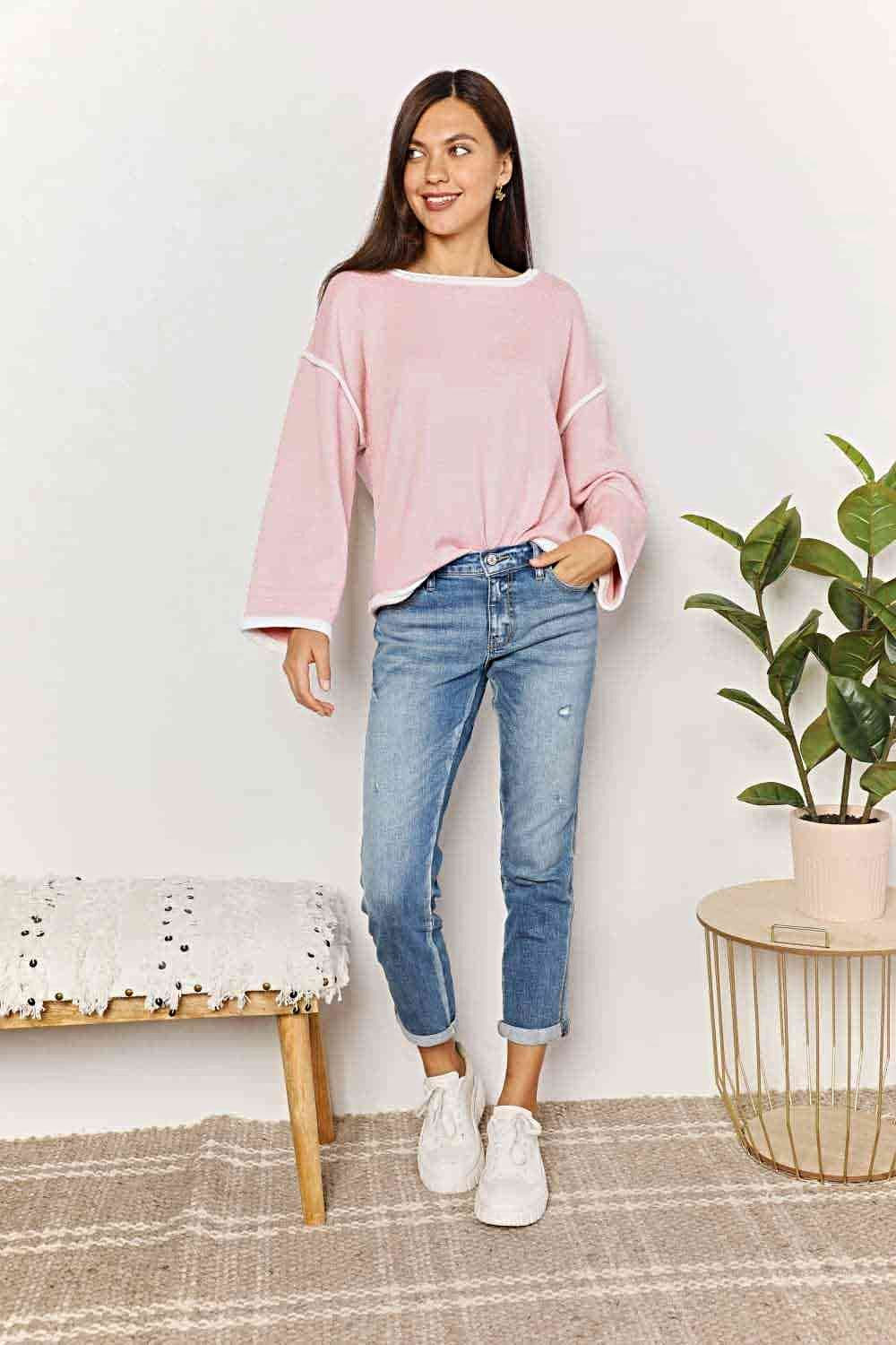 Double Take Contrast Detail Dropped Shoulder Knit Top -