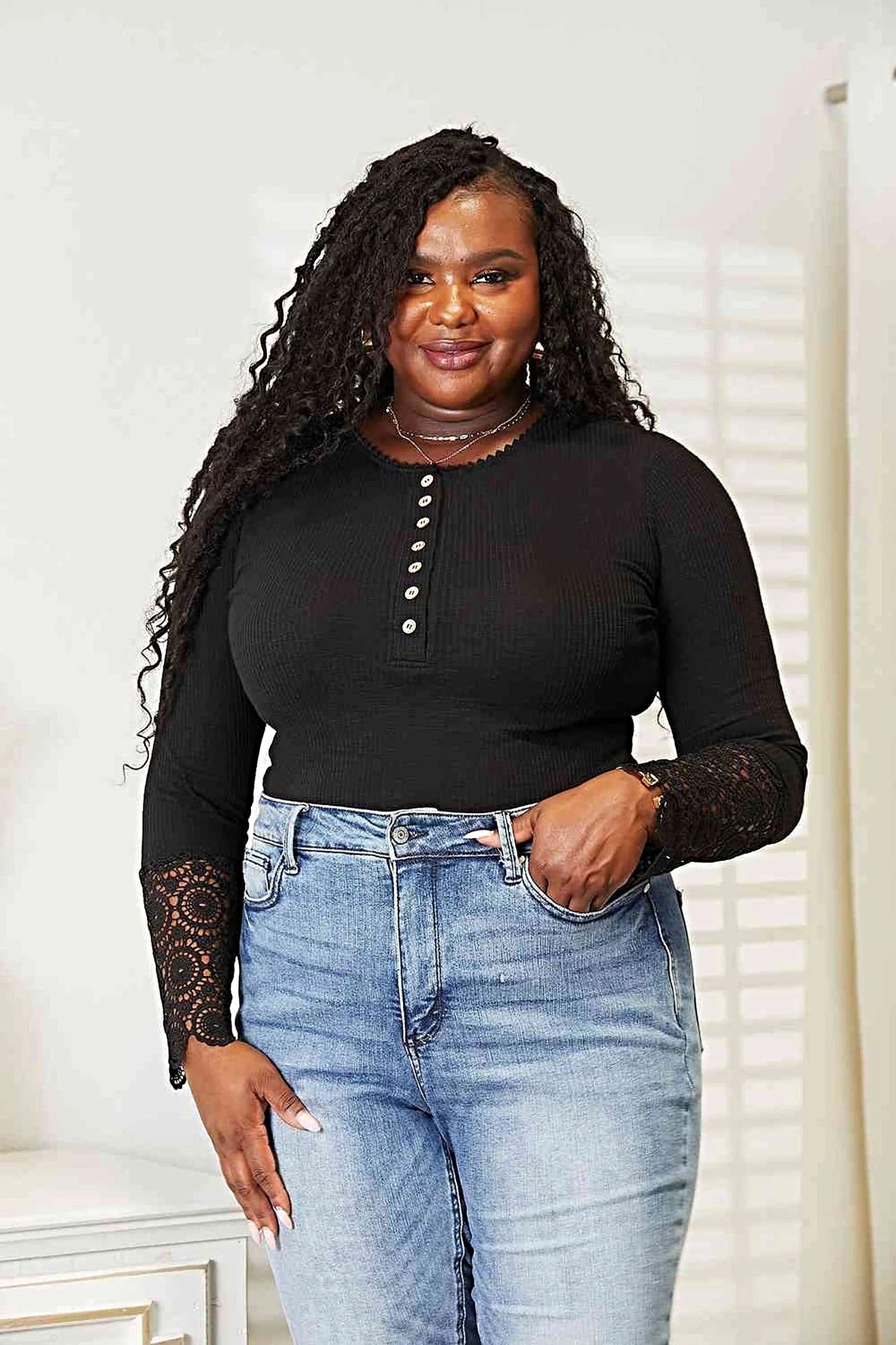 Chic Crochet Lace Top With Button Front And Flirty Hem Sleeves For Elegant Style Trendsi