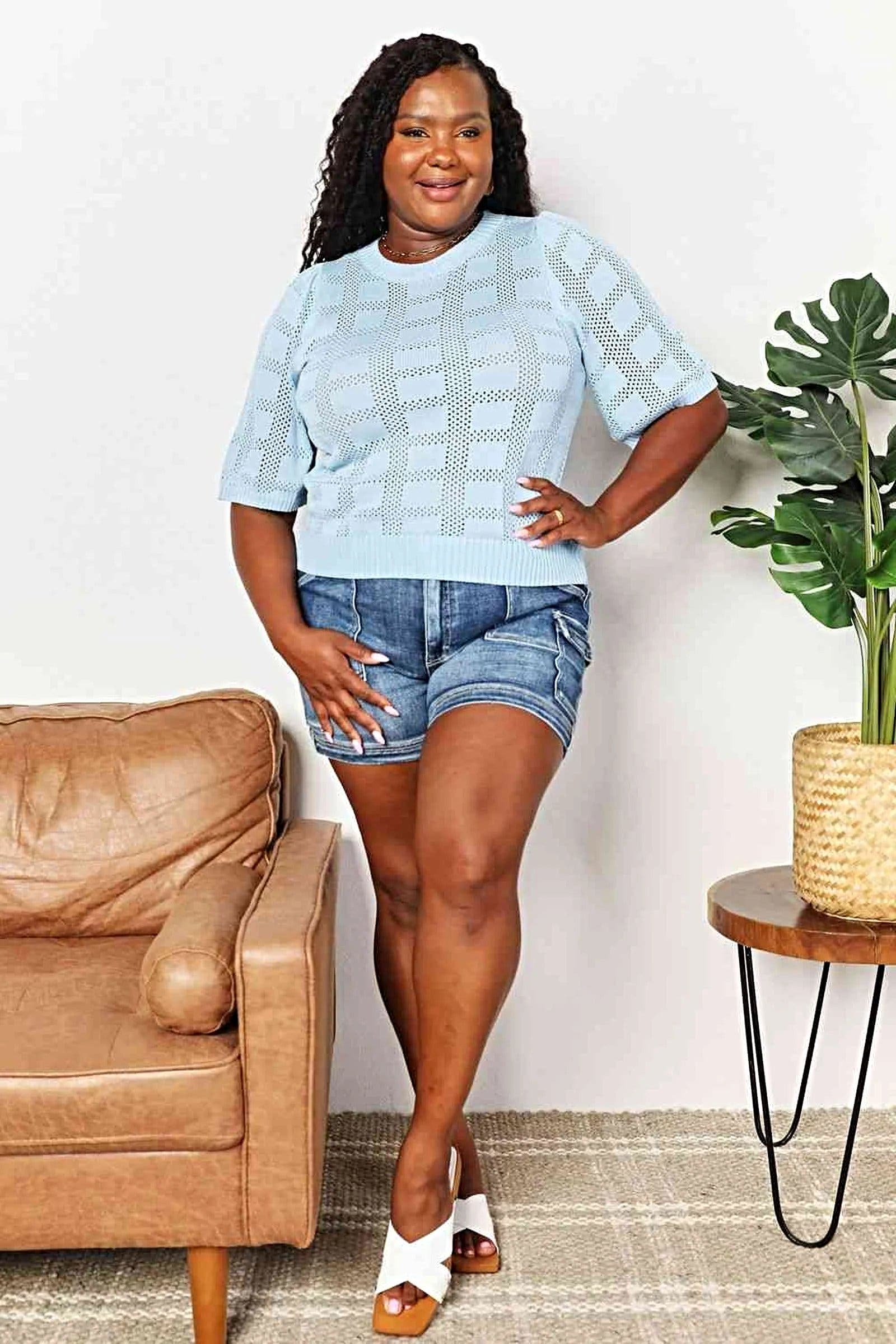 Chic Ribbed Knit Top with Round Neckline and Half Sleeves for Effortless Style Trendsi