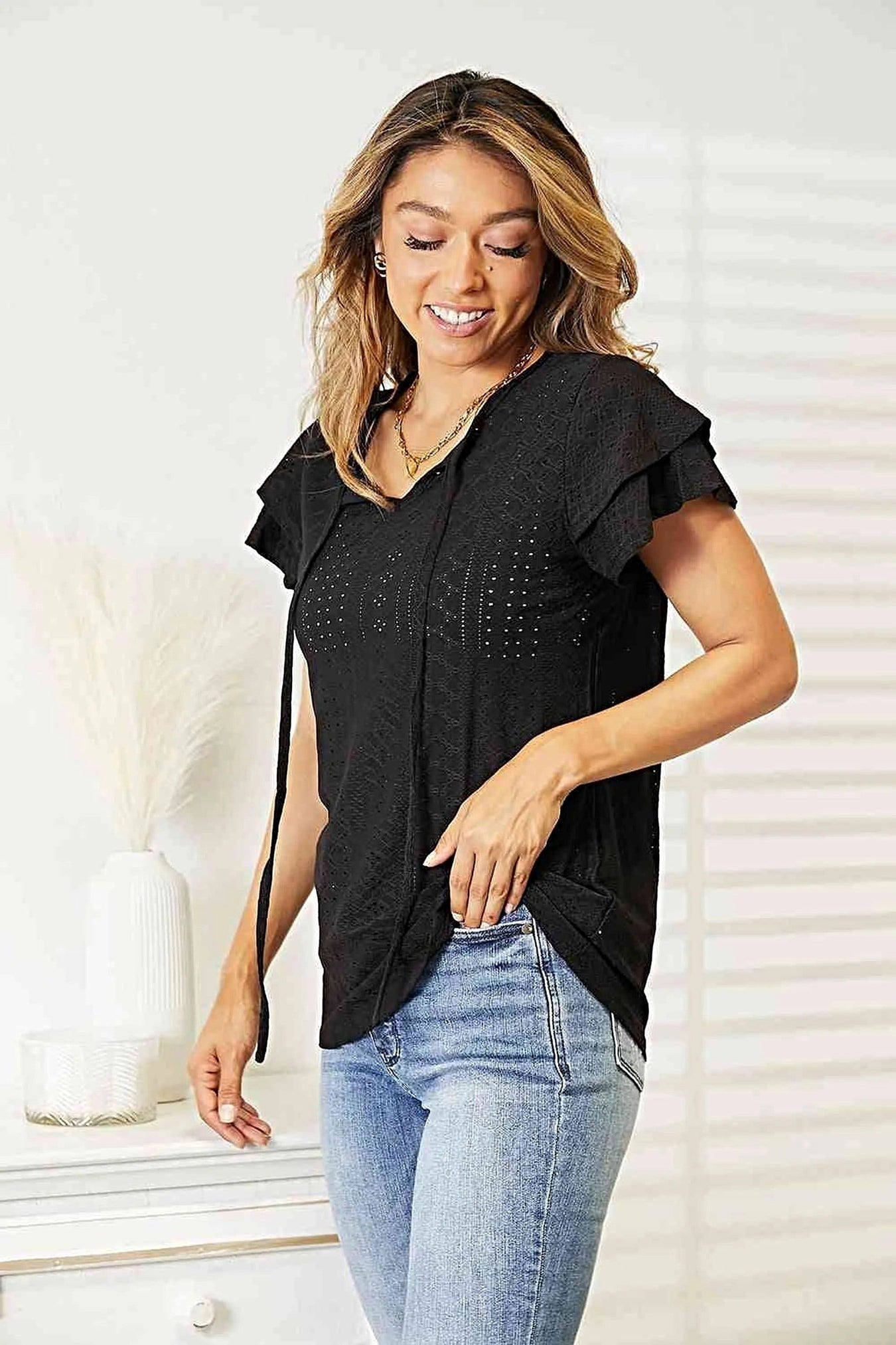 Elegant Double Take Flutter Sleeve Blouse With Eyelet Tie-Neck Design Trendsi