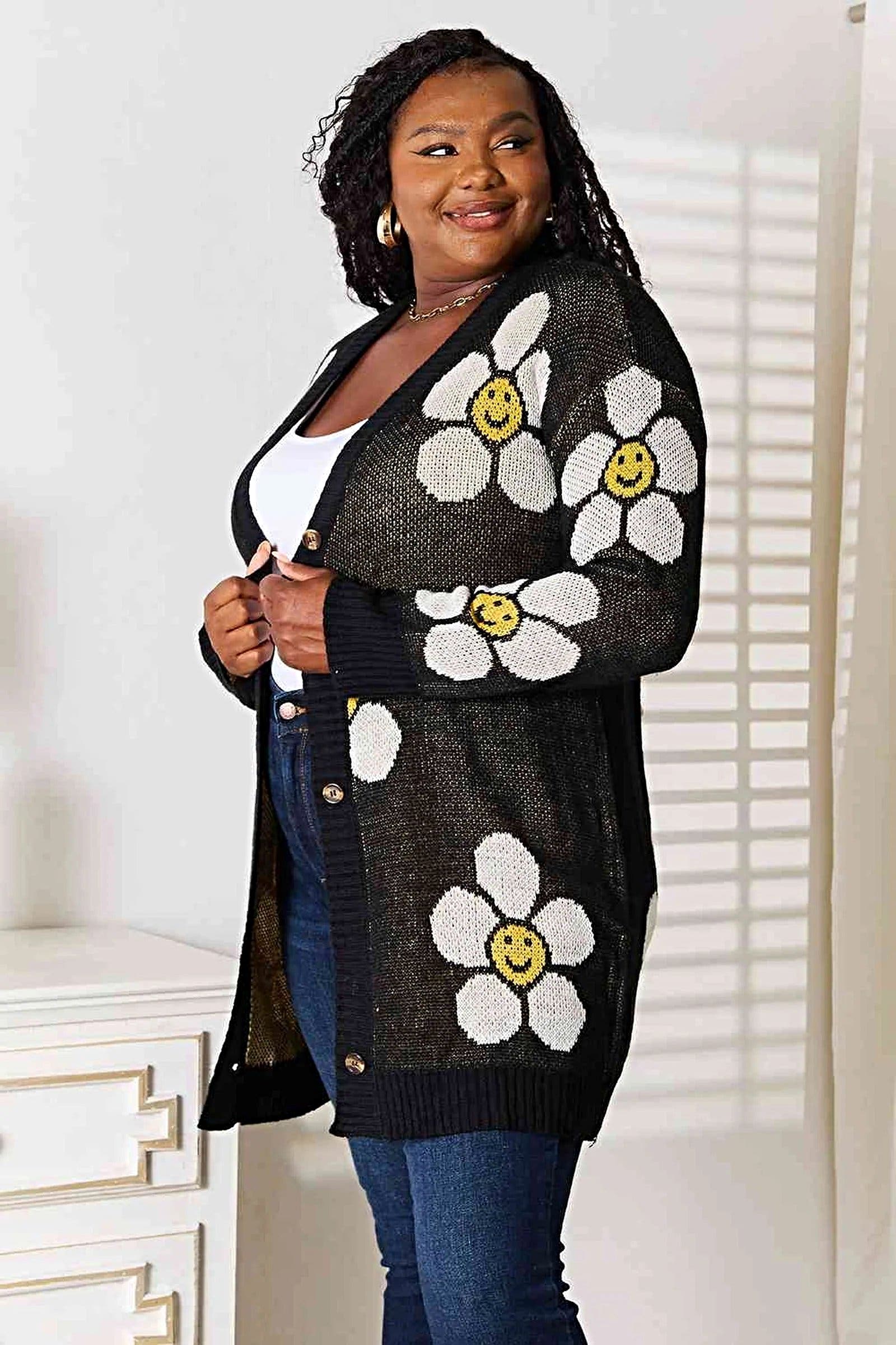 Floral Longline Cardigan - Elegant Button Down Closure, Ribbed Detail & Moderate Stretch Trendsi