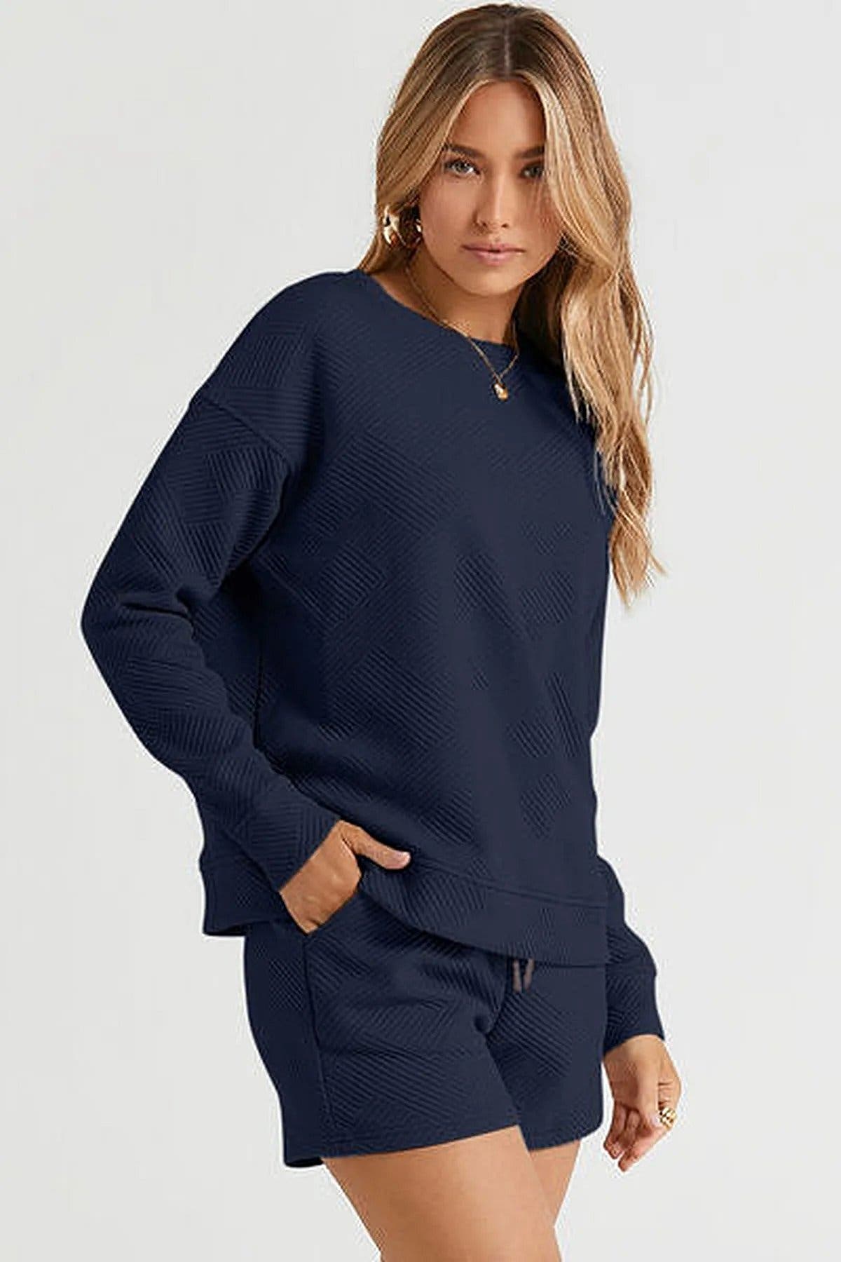 Double Take Full Size Long Sleeve Top Shorts Set with Pockets - Comfortable & Stretchy Trendsi