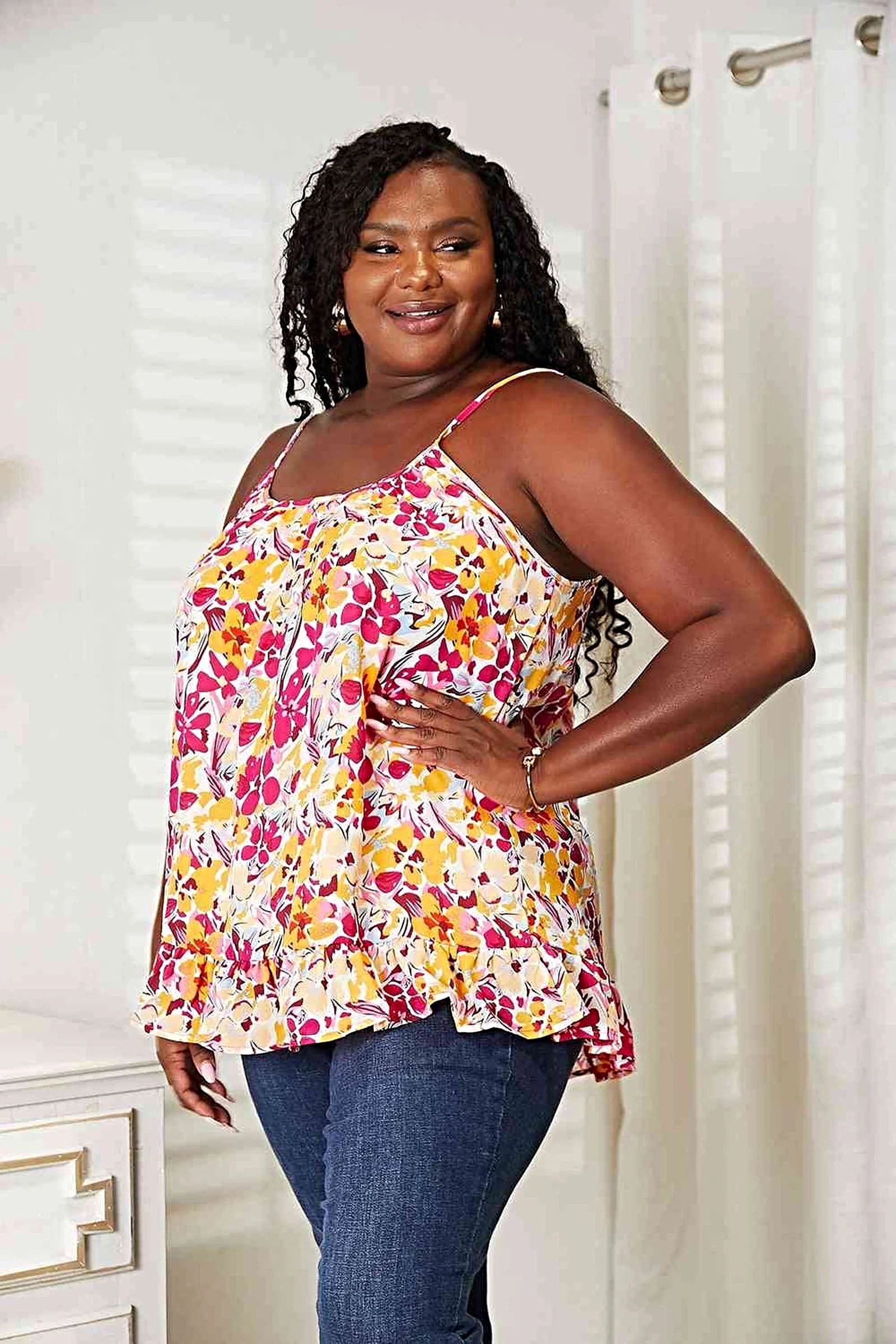 Floral Scoop Neck Cami with Ruffle Hem - Elegant Style for All Sizes, Including Plus Trendsi