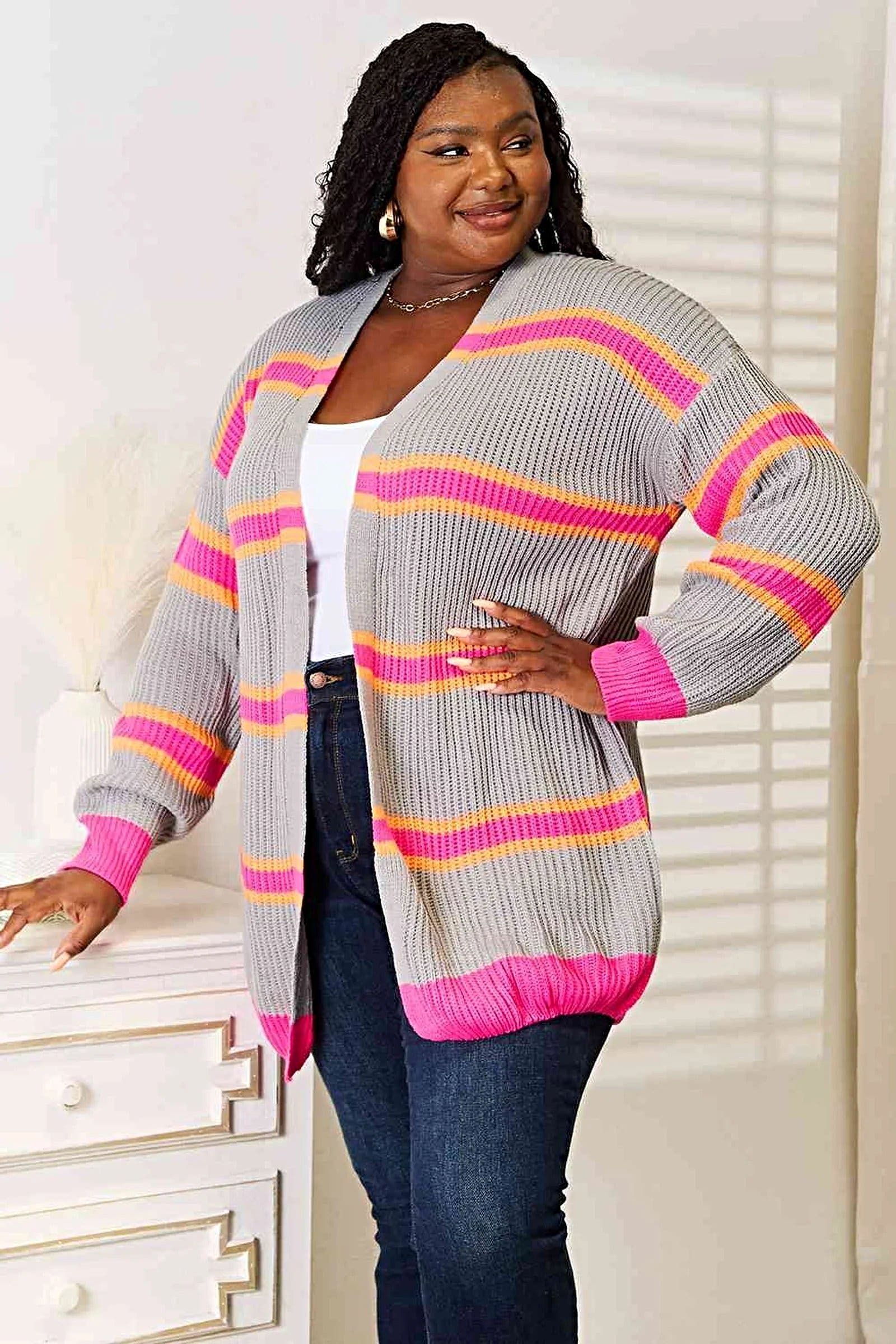 Chic Ribbed Long Sleeve Cardigan in 100% Acrylic - Cozy, Elegant, and Perfect for Layering Trendsi