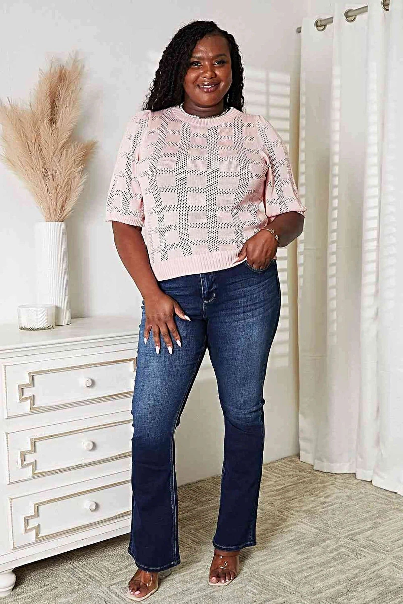 Chic Ribbed Knit Top with Round Neckline and Half Sleeves for Effortless Style Trendsi