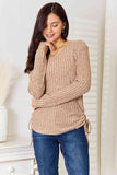 Double Take Drawstring Ribbed Long Sleeve T-Shirt-Trendsi-Tan-S-SatinBoutique