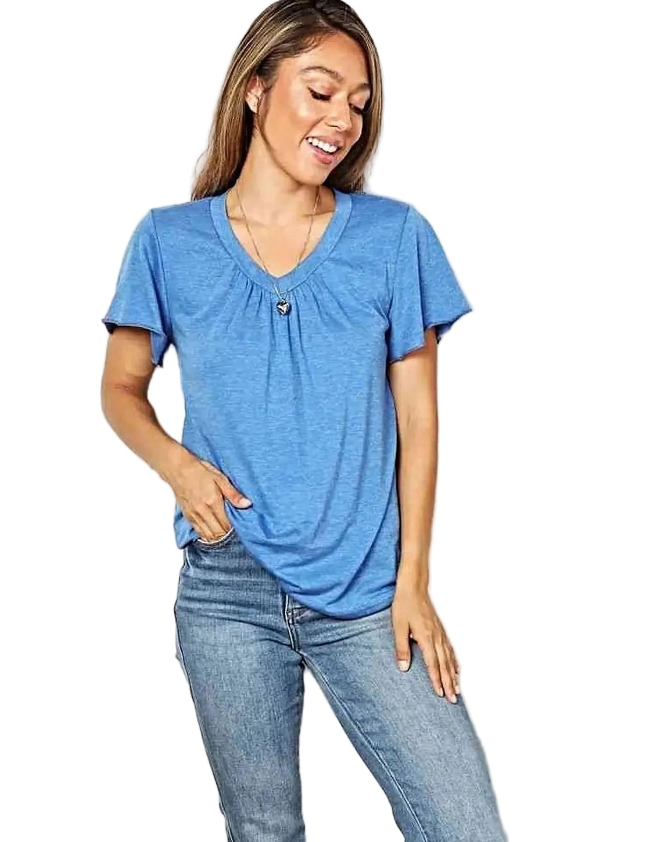 Stylish Ruched V-Neck T-Shirt with Flutter Sleeves - Chic Everyday Essential Trendsi