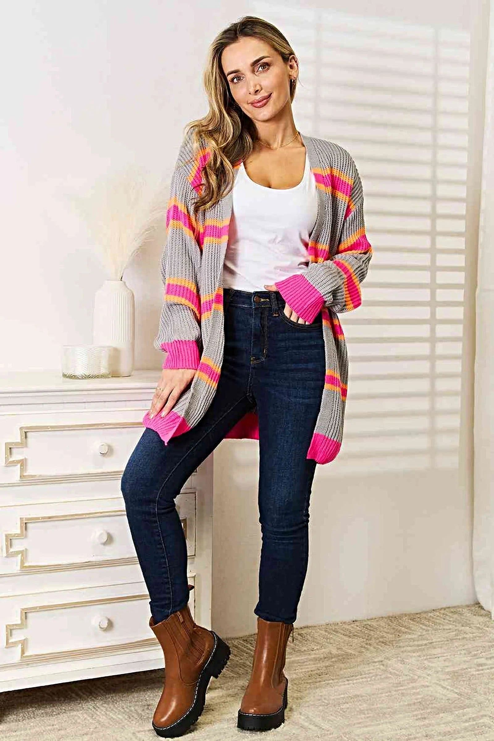 Chic Ribbed Long Sleeve Cardigan in 100% Acrylic - Cozy, Elegant, and Perfect for Layering Trendsi