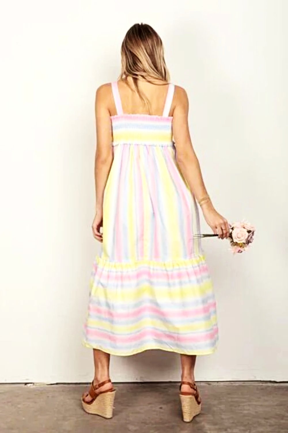 Elegant Striped Midi Dress With Smocked Bodice And Adjustable Cami Straps Trendsi