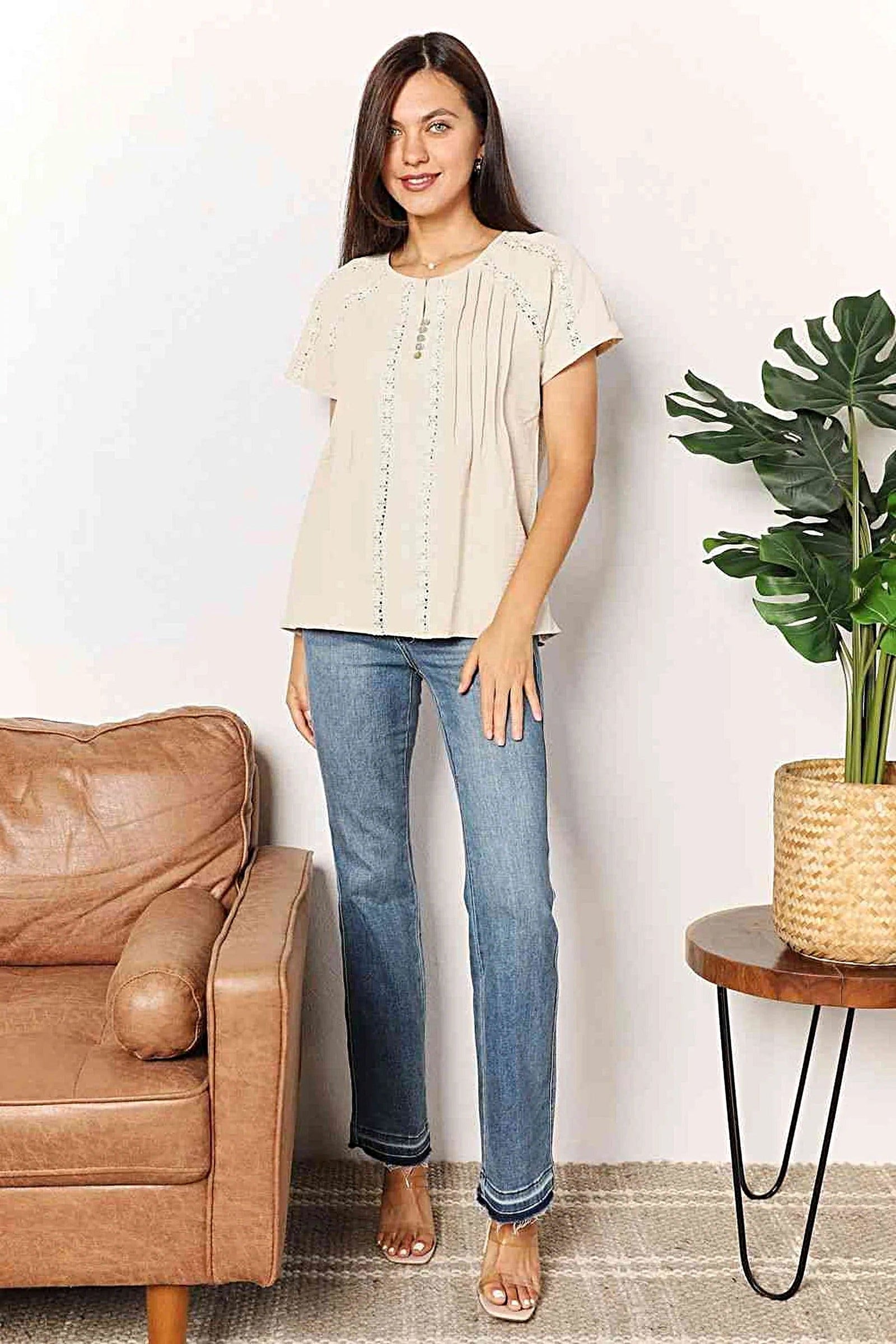 Chic Short Sleeve Crochet Shirt with Button Detail - Available in Plus Sizes Trendsi