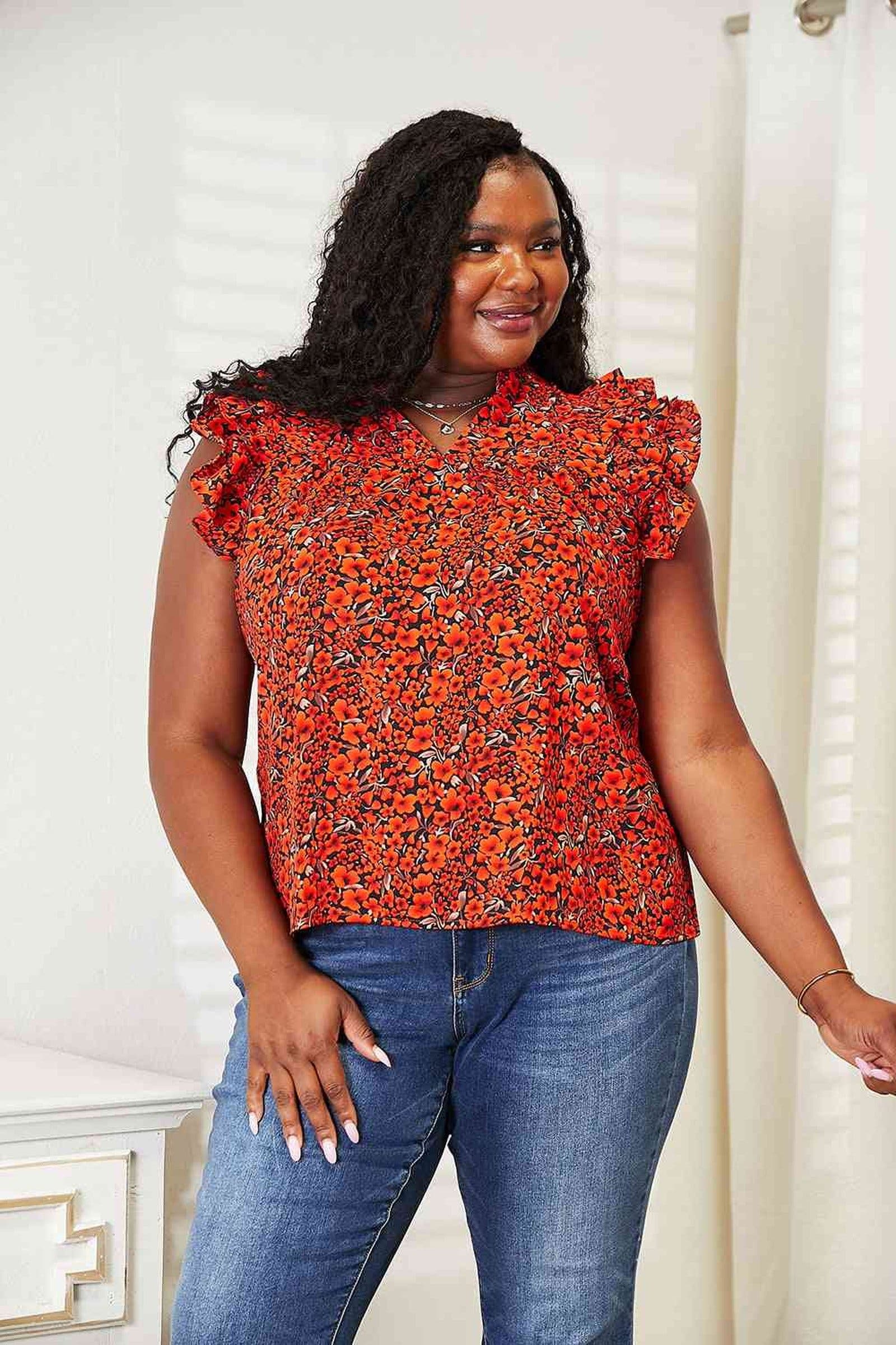 Elegance Redefined: Floral Flutter Sleeve Blouse With Chic Notched Neckline Trendsi