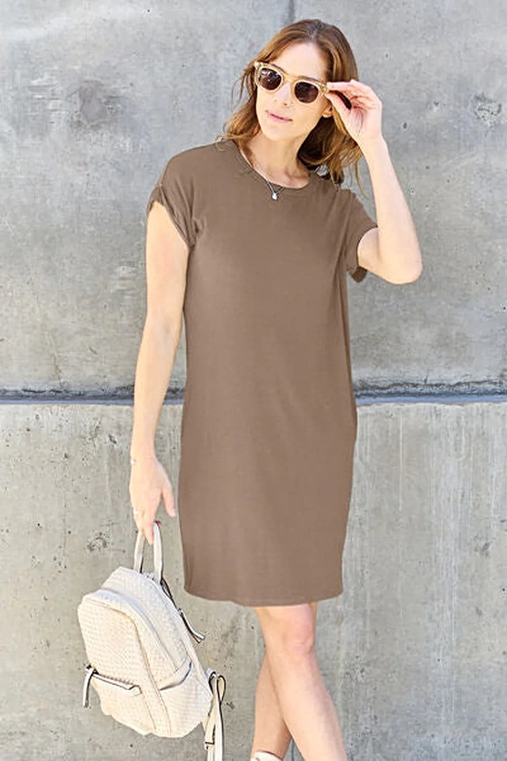 Casual Short Sleeve Dress With Pockets - Basic Bae Full Size Round Neck Style Trendsi