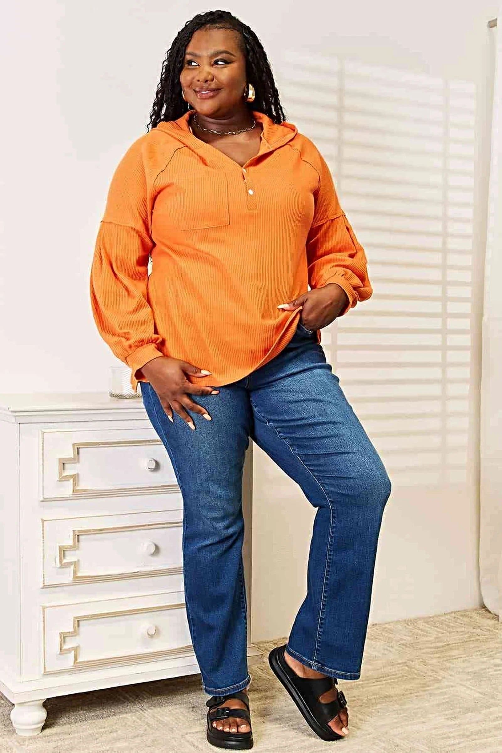 Basic Bae Side Slit Buttoned Waffle Knit Hoodie, Also in Plus sizes -