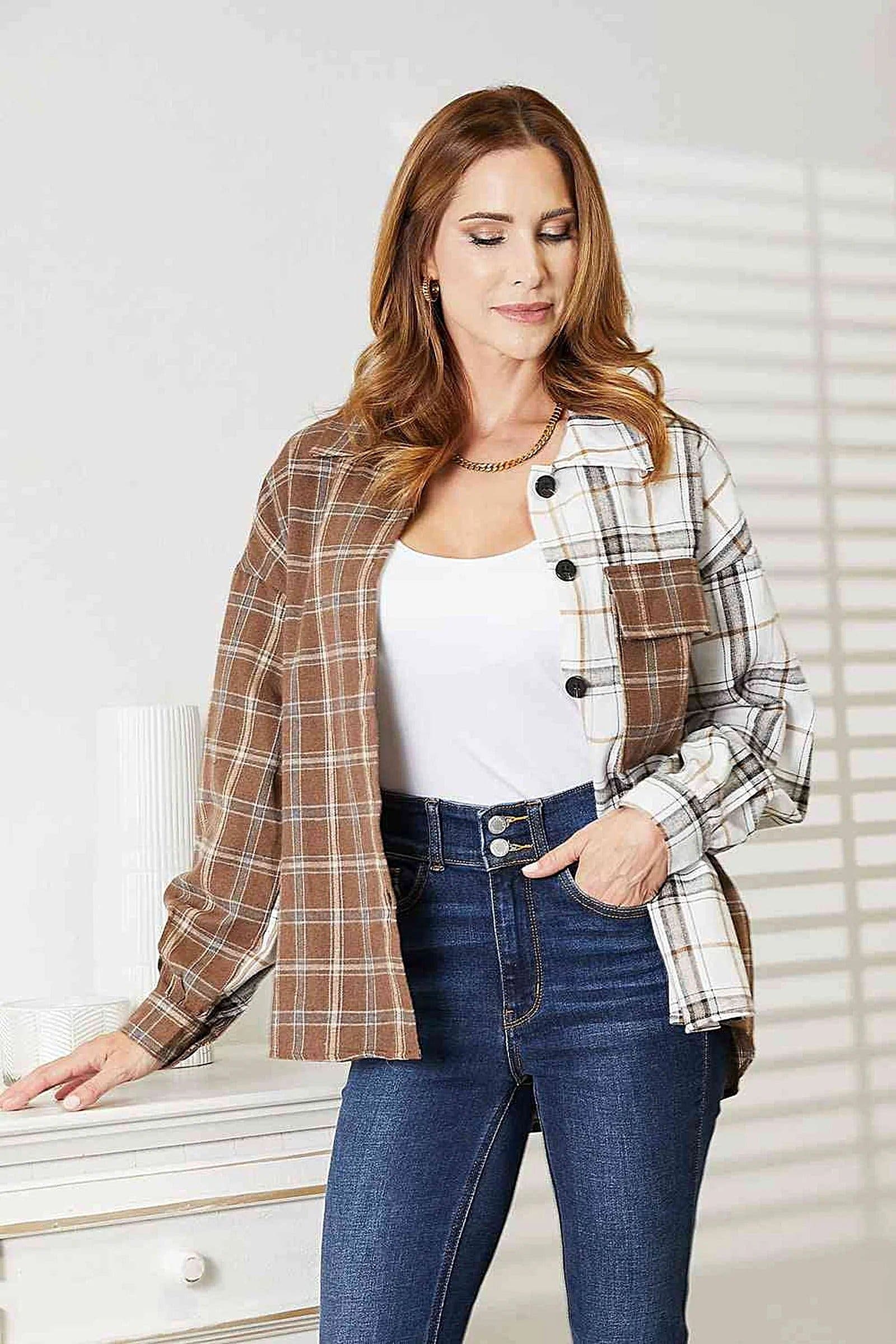 Chic Double Take Plaid Button Up Shirt Jacket with Contrast Design and Pocketed Detail Trendsi