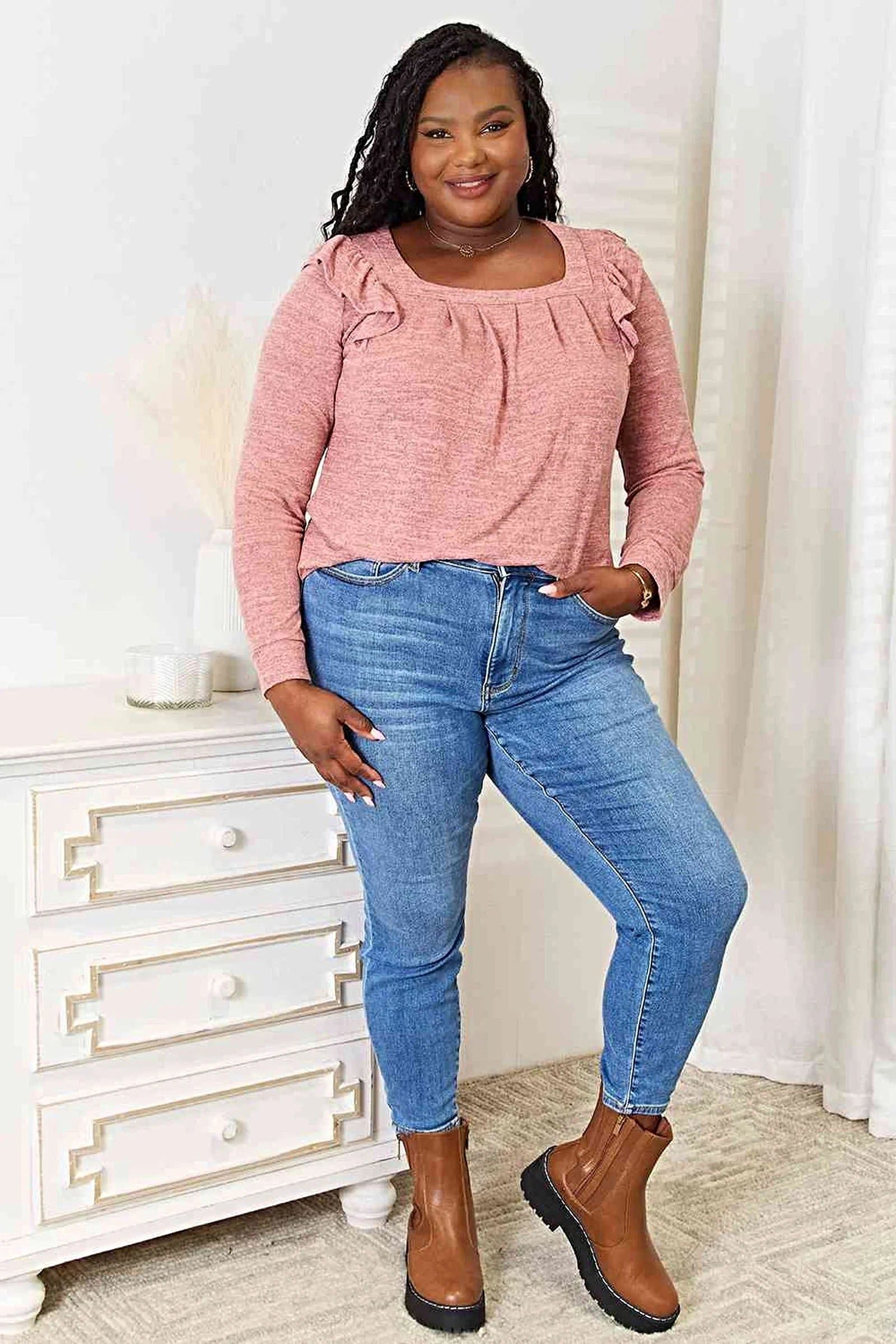 Elegant Ruffle Shoulder Top - Square Neck Long Sleeve T-Shirt in Plus Sizes Trendsi