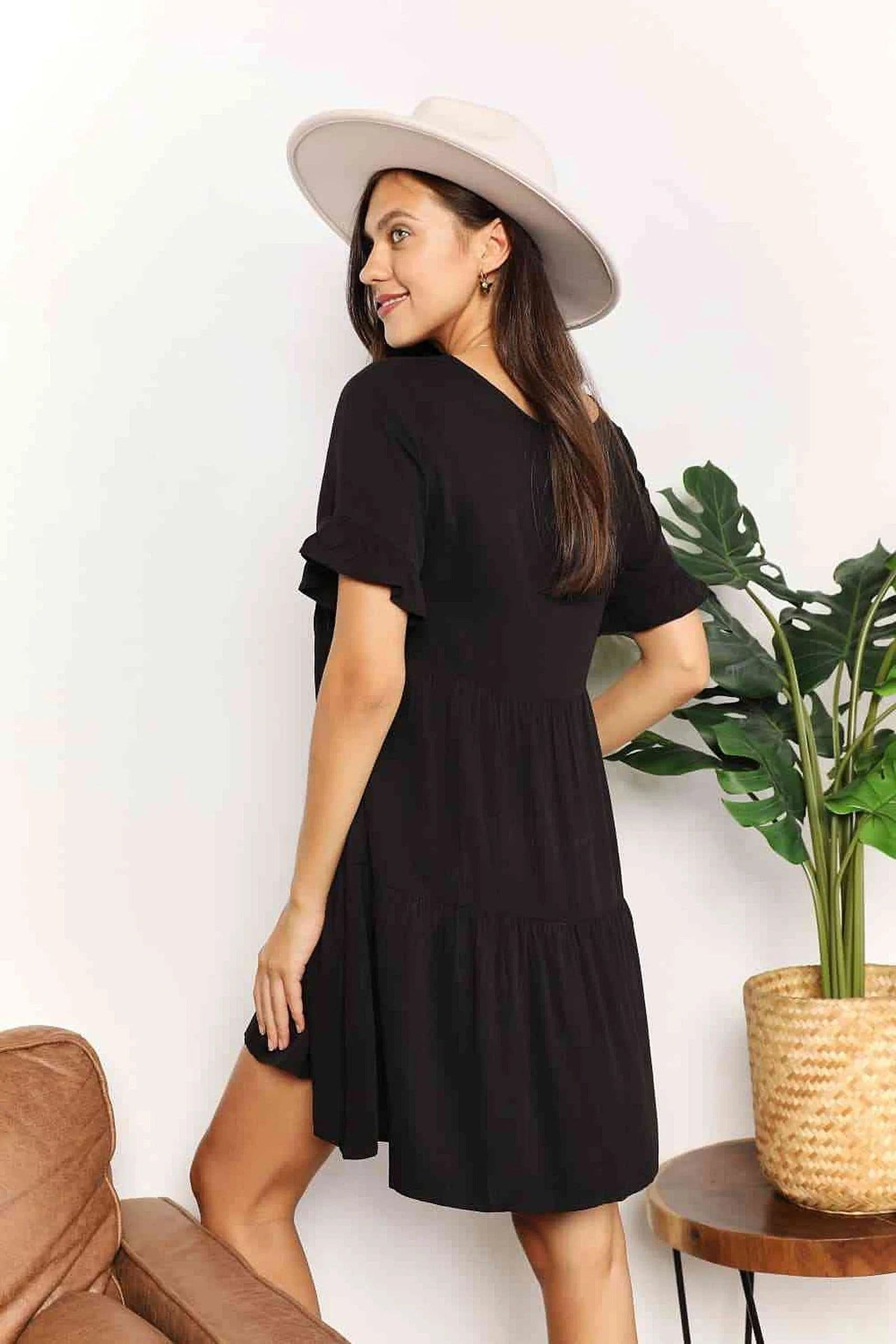 Double Take V-Neck Flounce Sleeve Tiered Dress -