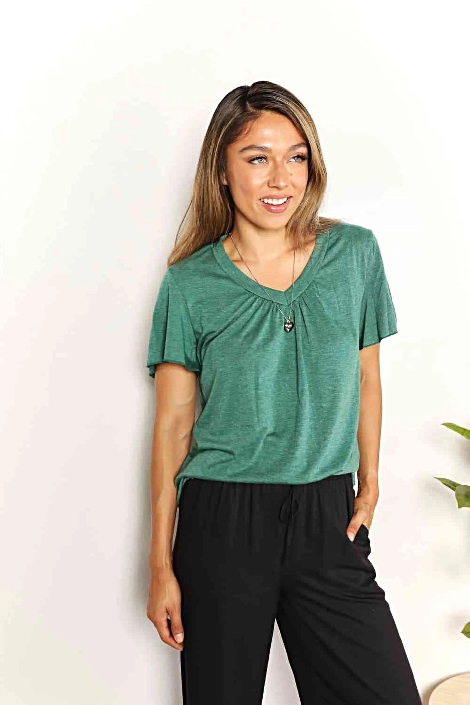 Stylish Ruched V-Neck T-Shirt with Flutter Sleeves - Chic Everyday Essential Trendsi