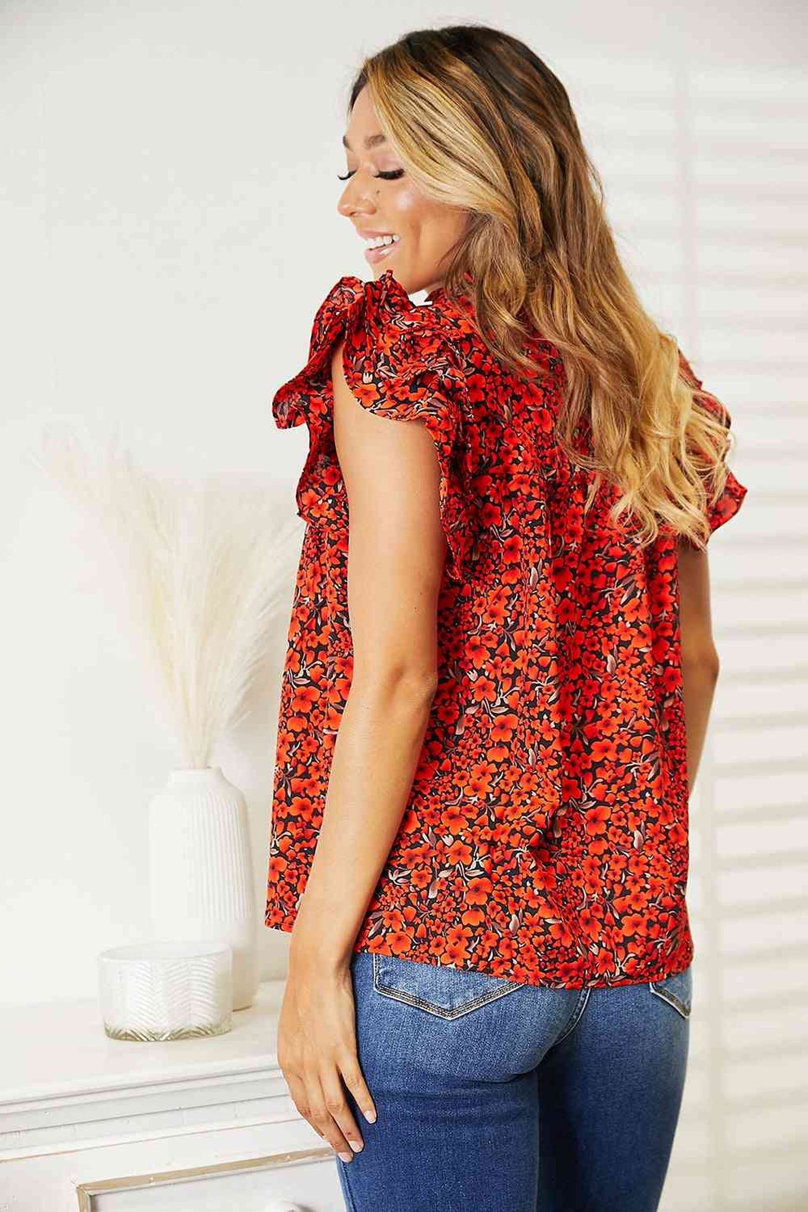 Double Take Floral Flutter Sleeve Notched Neck Blouse -