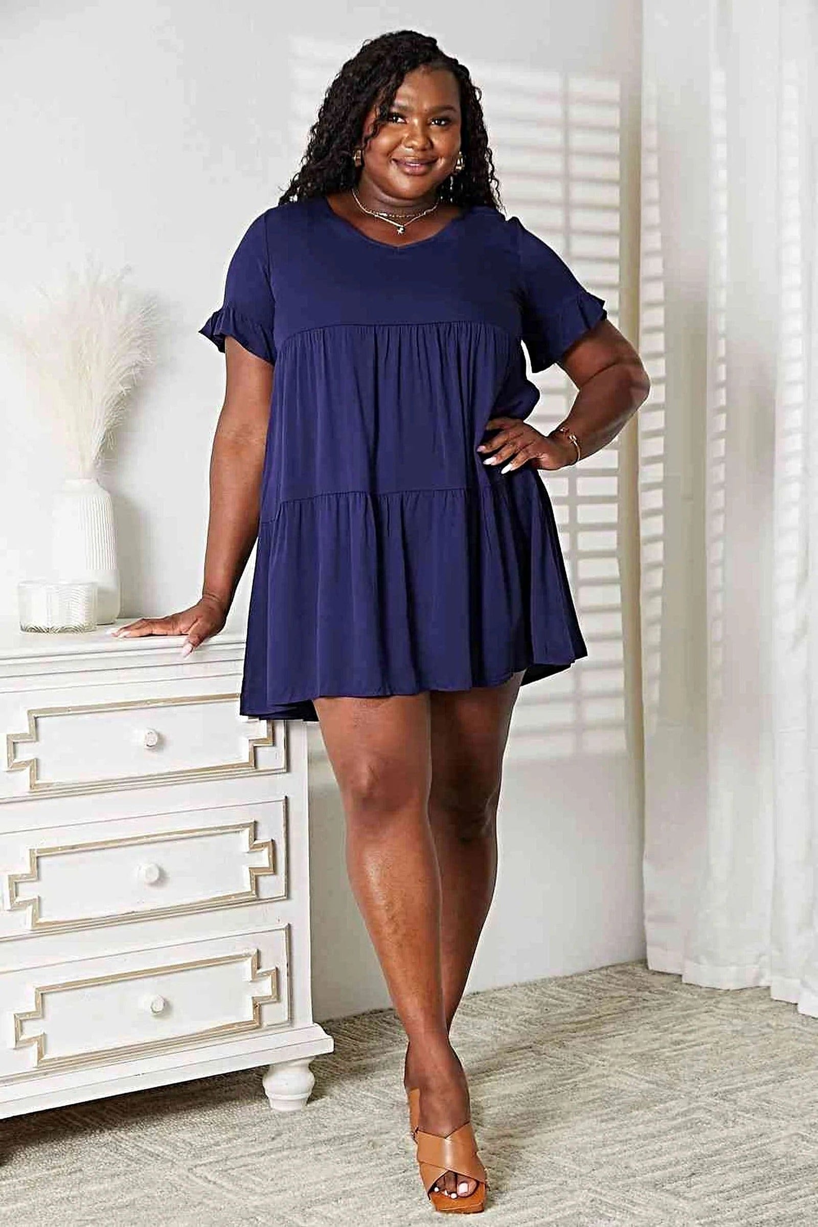 Double Take V-Neck Flounce Sleeve Tiered Dress -