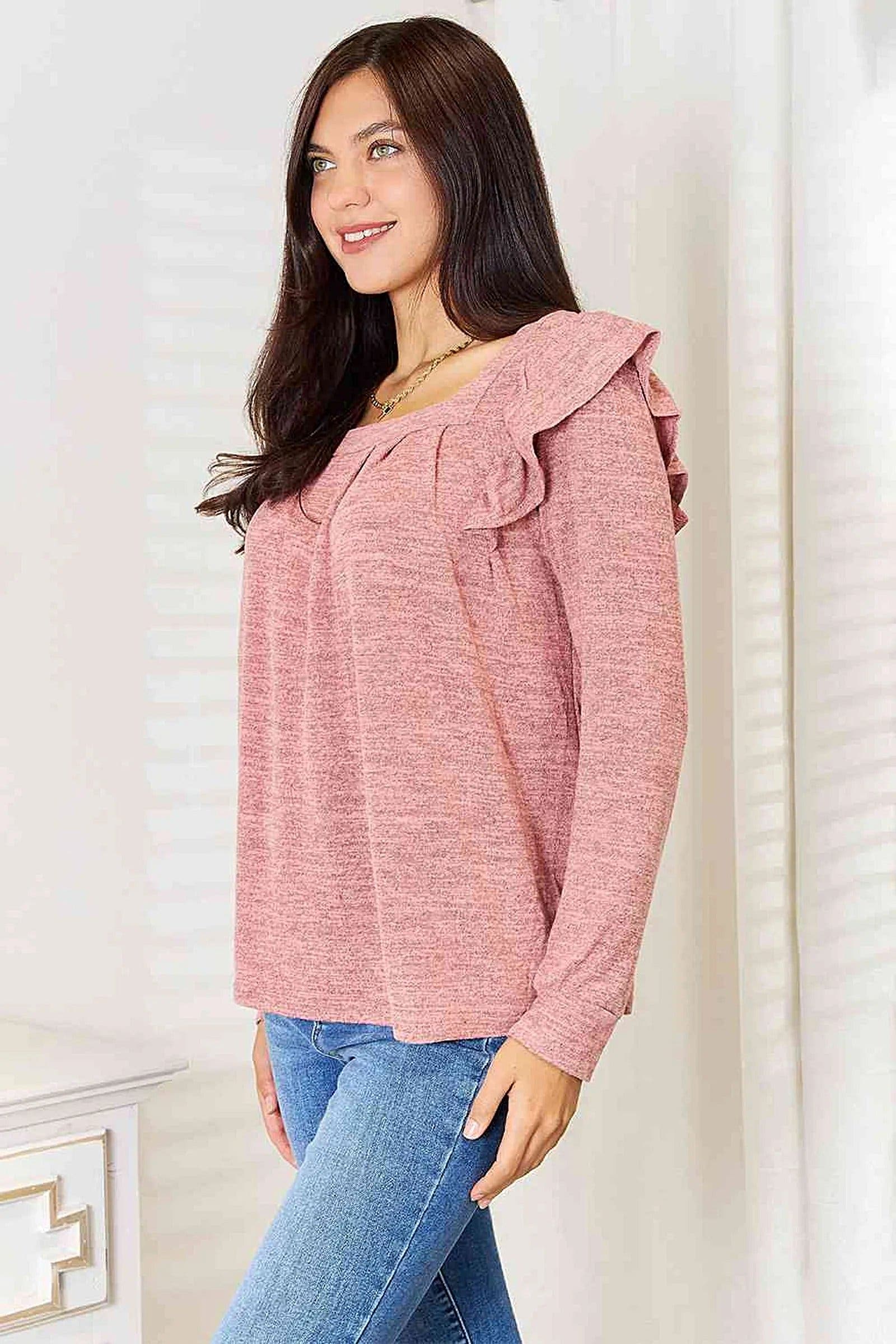 Elegant Ruffle Shoulder Top - Square Neck Long Sleeve T-Shirt in Plus Sizes Trendsi