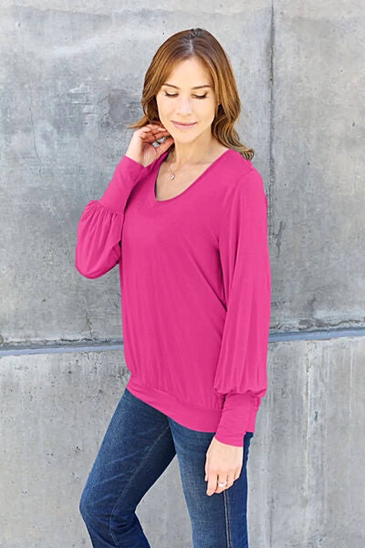 Basic Bae Full Size V-Neck Lantern Sleeve Blouse -