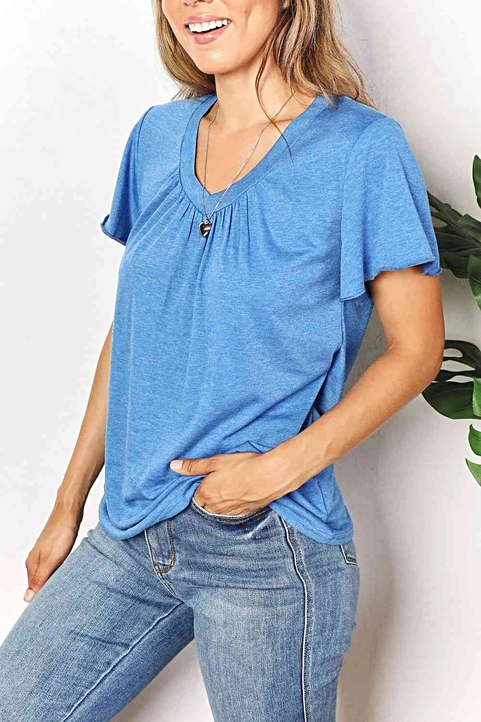 Stylish Ruched V-Neck T-Shirt with Flutter Sleeves - Chic Everyday Essential Trendsi