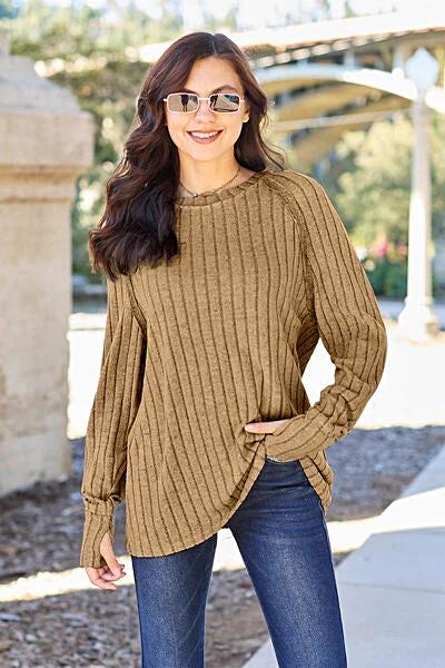 Trendy Ribbed Long Sleeve Top - Basic Bae Opaque Knit with Slight Stretch in Various Sizes Trendsi