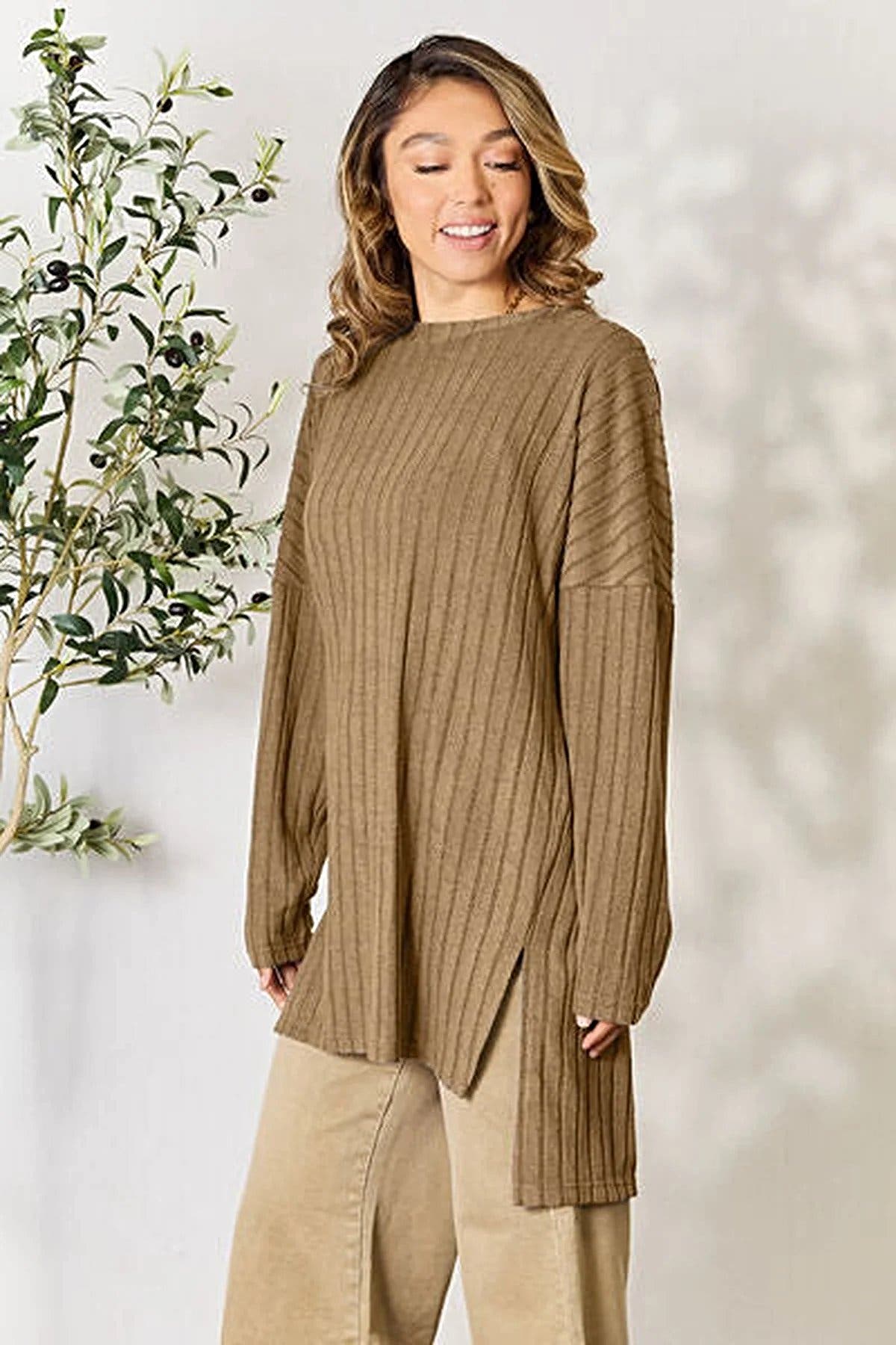 Chic Ribbed Long Sleeve Top with Slit - Basic Bae Full Size Round Neck Design for Effortless Style Trendsi