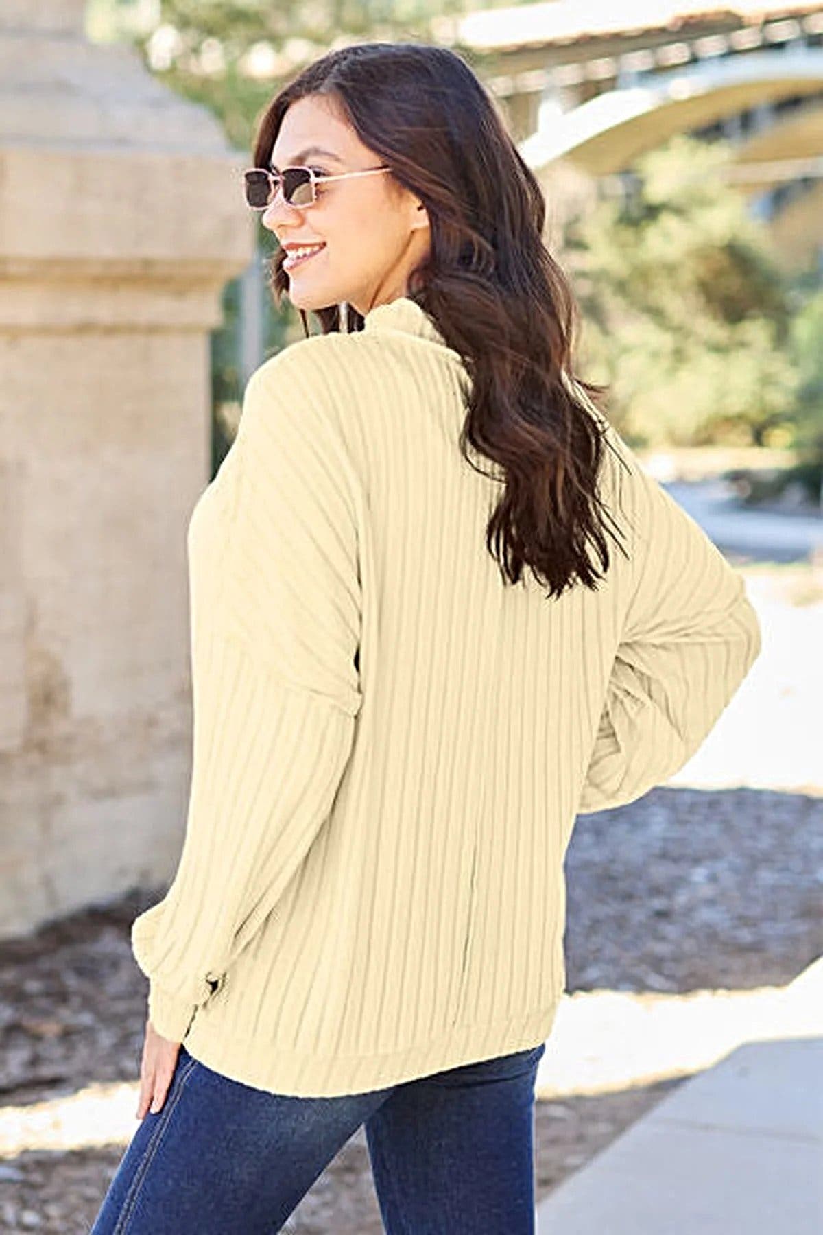 Luxury Ribbed Mock Neck Top – Full Size, Slightly Stretchy, Opaque Knit Elegance by Trendsi Trendsi