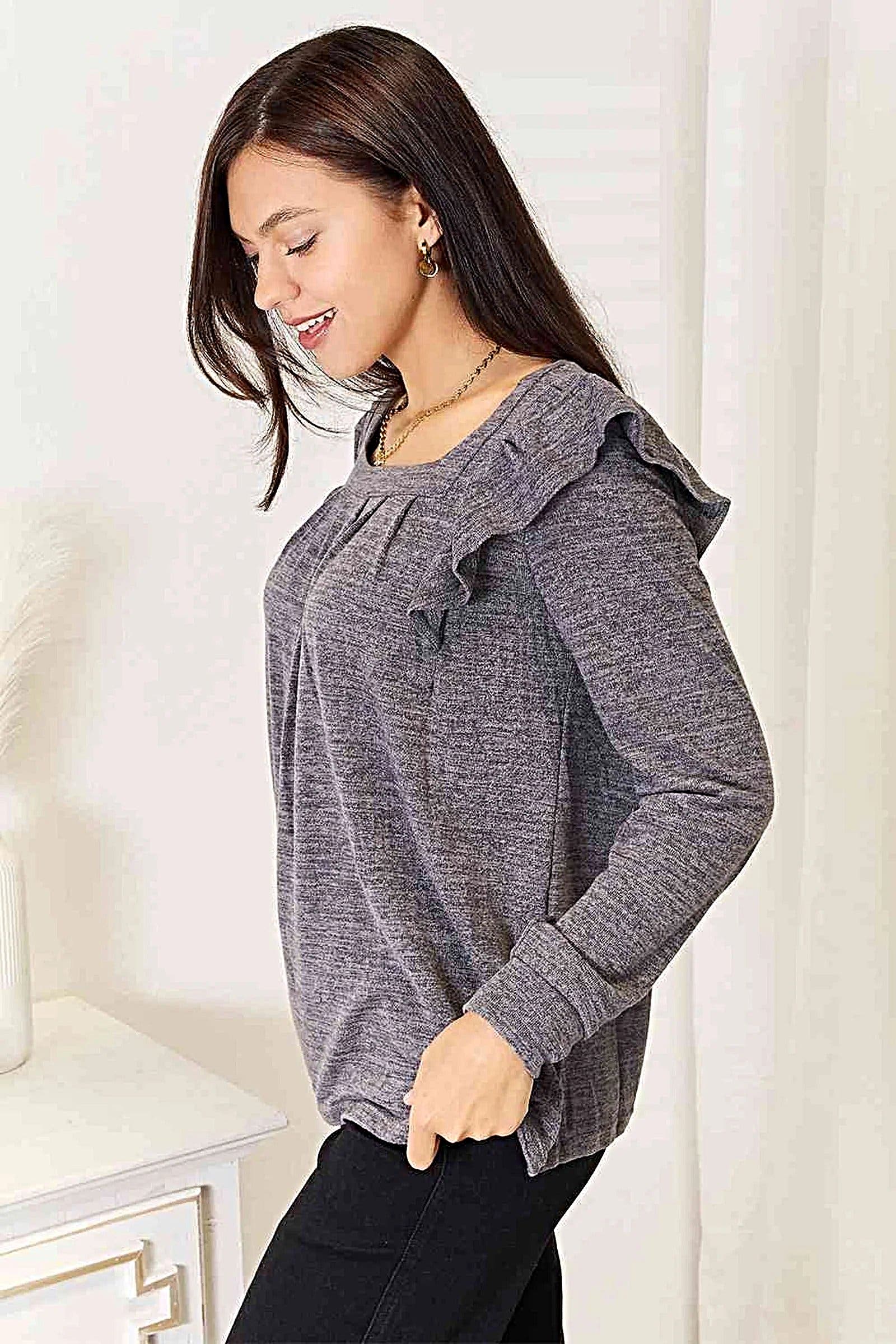 Elegant Ruffle Shoulder Top - Square Neck Long Sleeve T-Shirt in Plus Sizes Trendsi