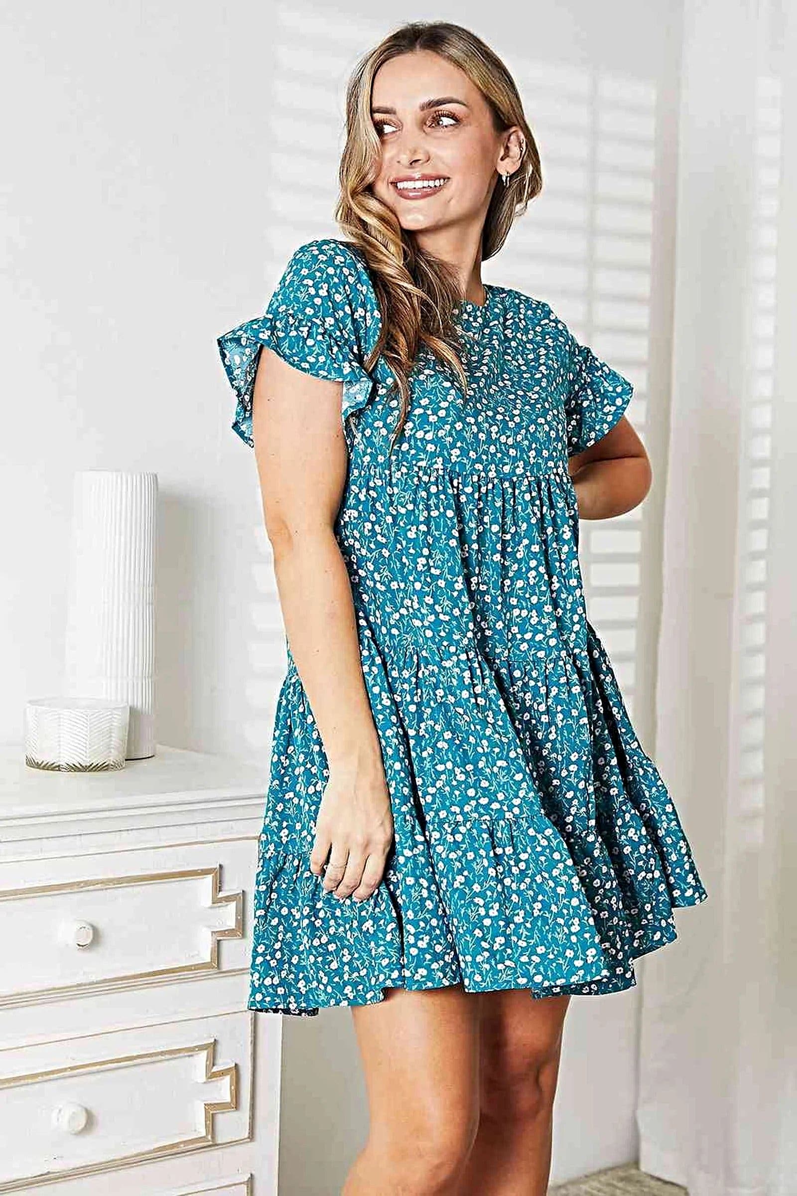 Double Take Short Flounce Sleeve Tiered Dress -