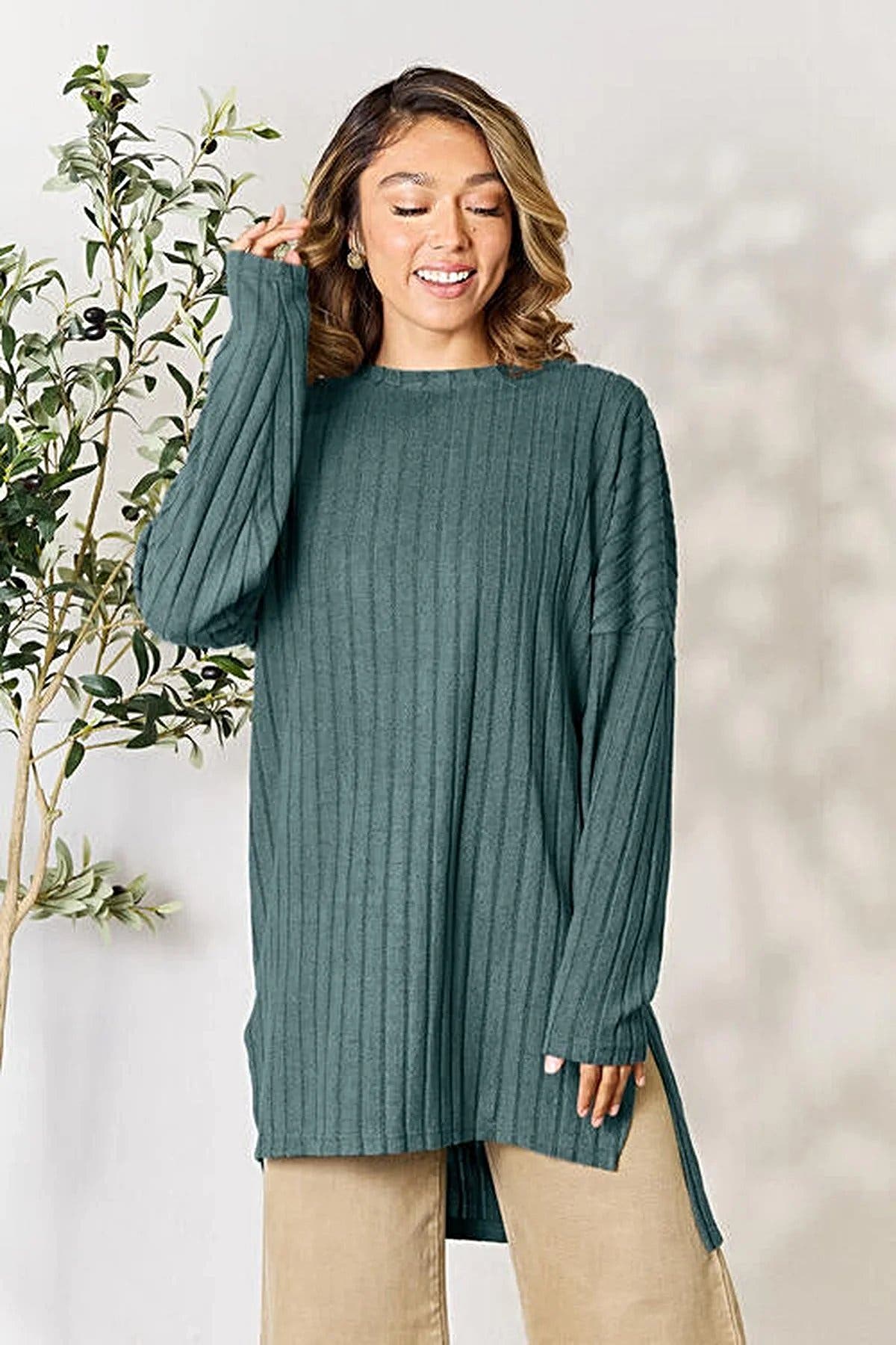 Chic Ribbed Long Sleeve Top with Slit - Basic Bae Full Size Round Neck Design for Effortless Style Trendsi