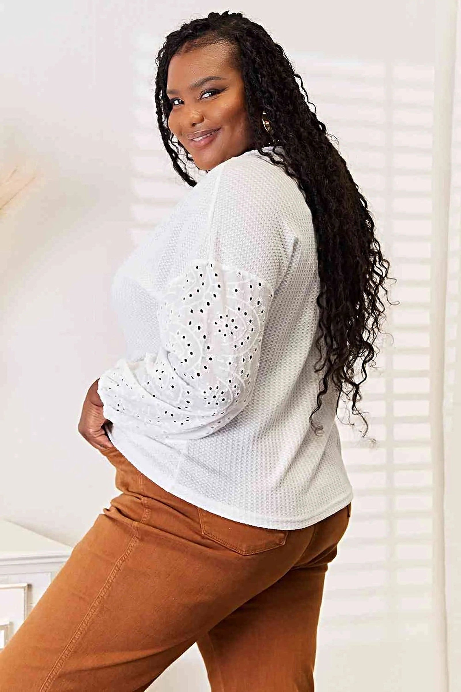 Elegant Double Take Eyelet Blouse Women with Dropped Shoulders & Round Neck, Plus Sizes Available Trendsi