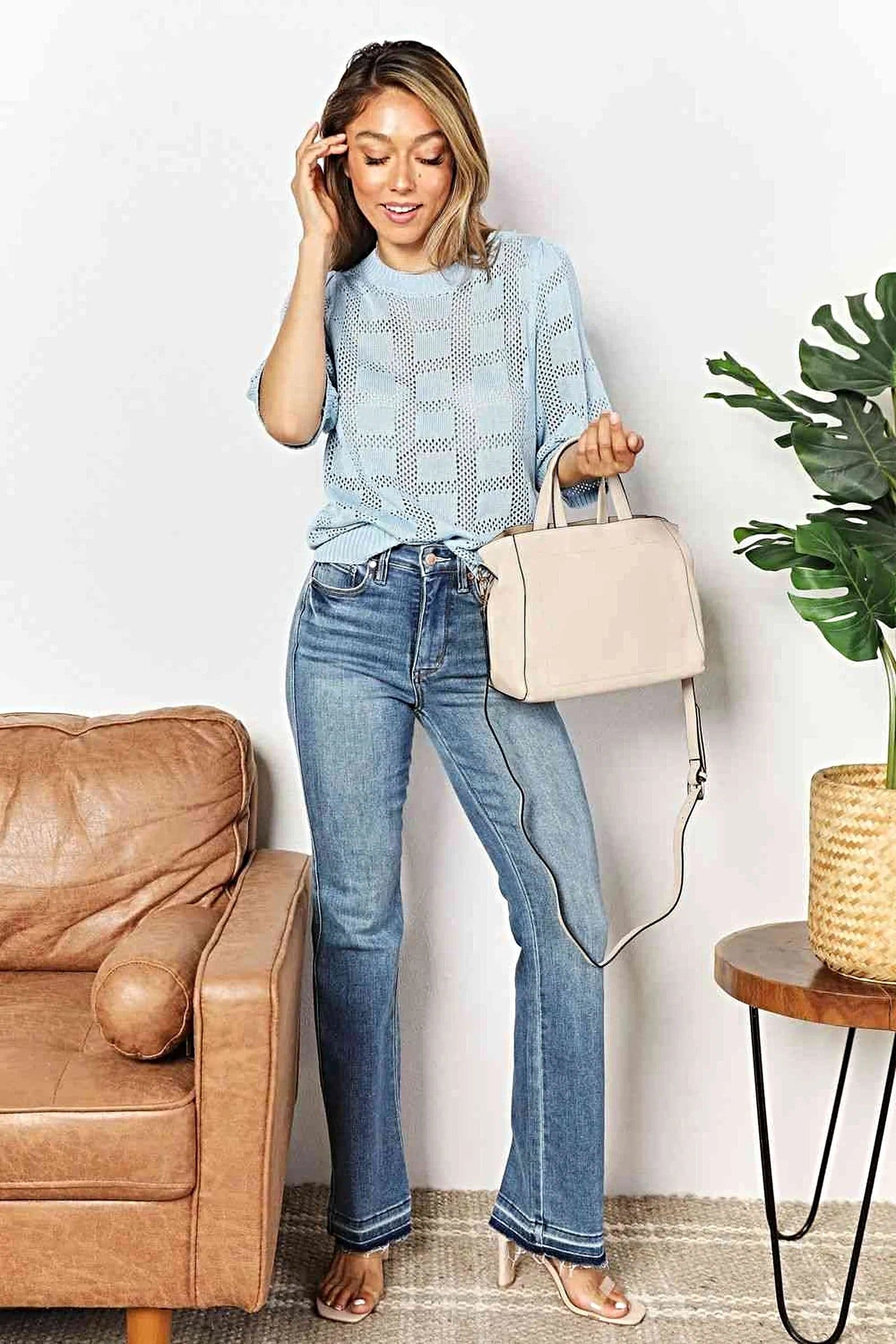 Chic Ribbed Knit Top with Round Neckline and Half Sleeves for Effortless Style Trendsi