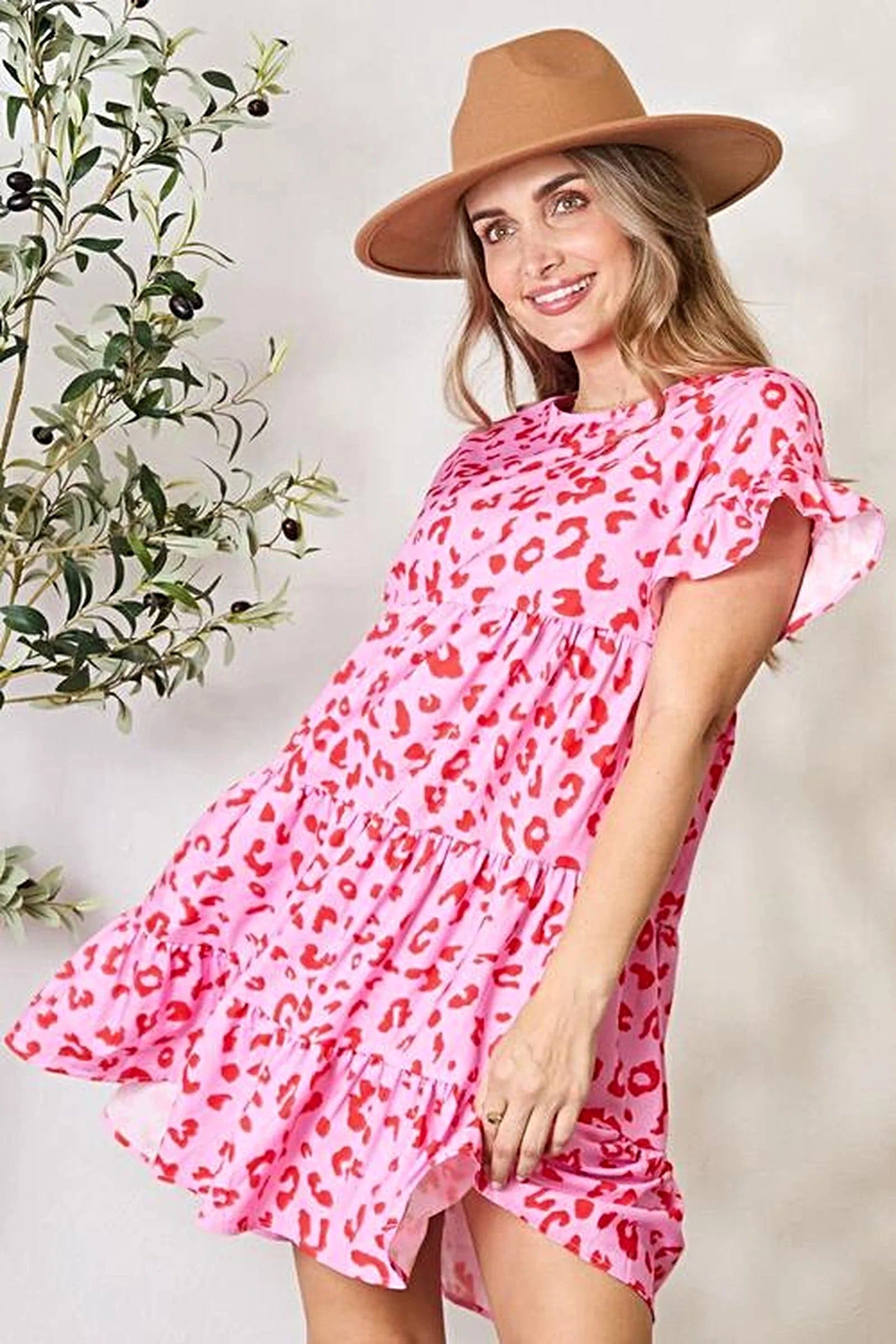 Double Take Short Flounce Sleeve Tiered Dress -