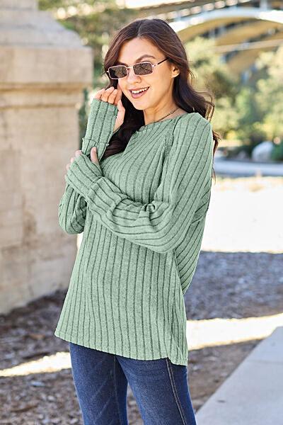 Trendy Ribbed Long Sleeve Top - Basic Bae Opaque Knit with Slight Stretch in Various Sizes Trendsi