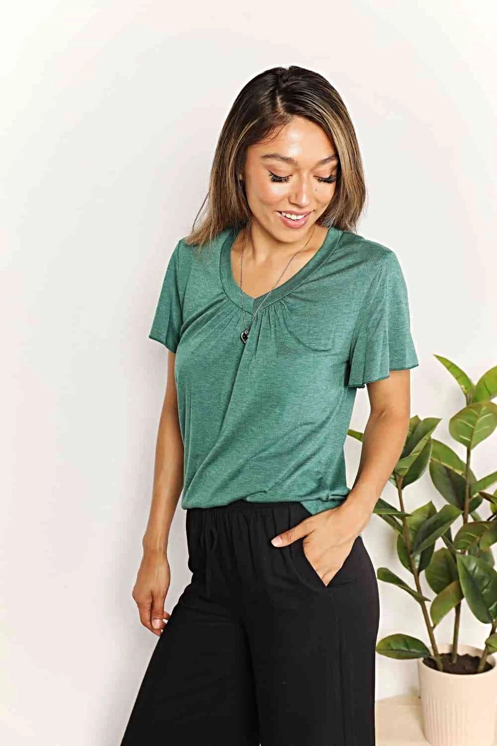 Stylish Ruched V-Neck T-Shirt with Flutter Sleeves - Chic Everyday Essential Trendsi