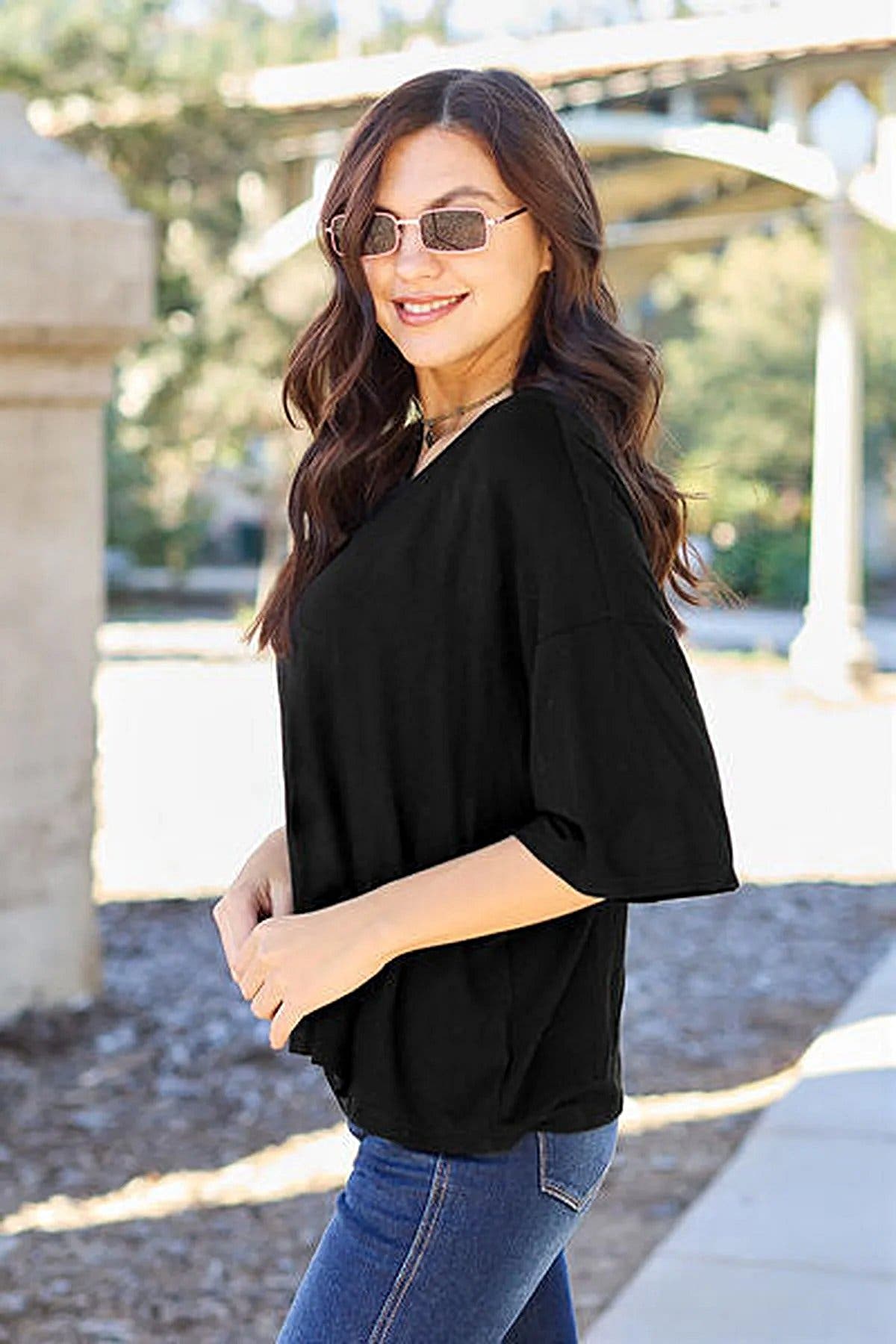 Luxury Opaque Drop Shoulder T-Shirt with Slight Stretch - Full Size, 95% Polyester Trendsi