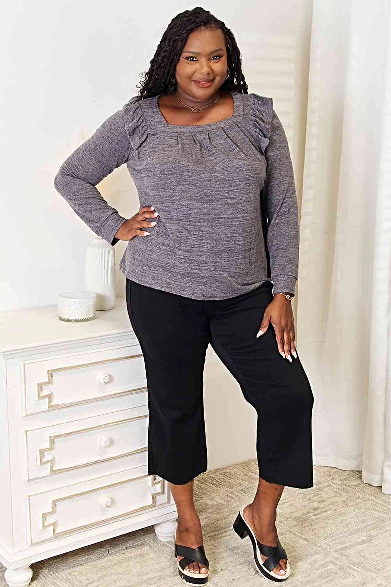 Elegant Ruffle Shoulder Top - Square Neck Long Sleeve T-Shirt in Plus Sizes Trendsi