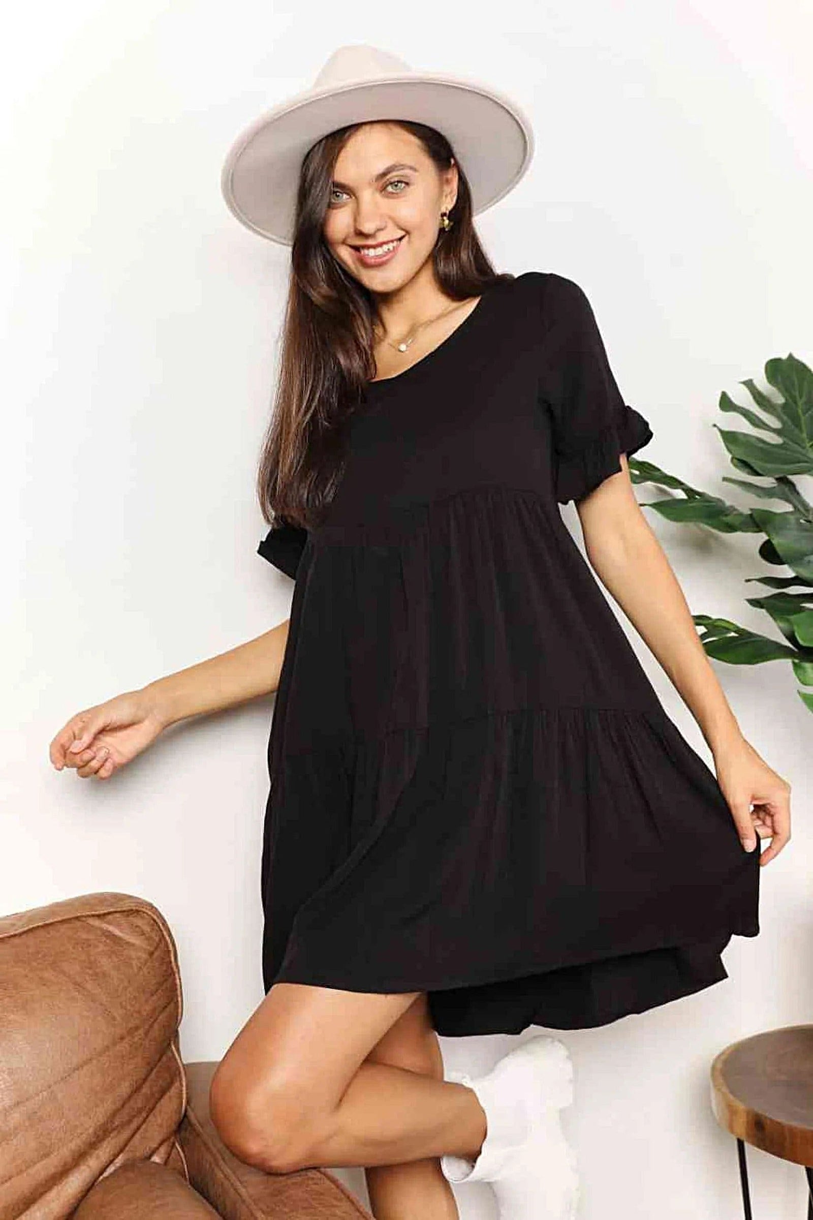Double Take V-Neck Flounce Sleeve Tiered Dress -