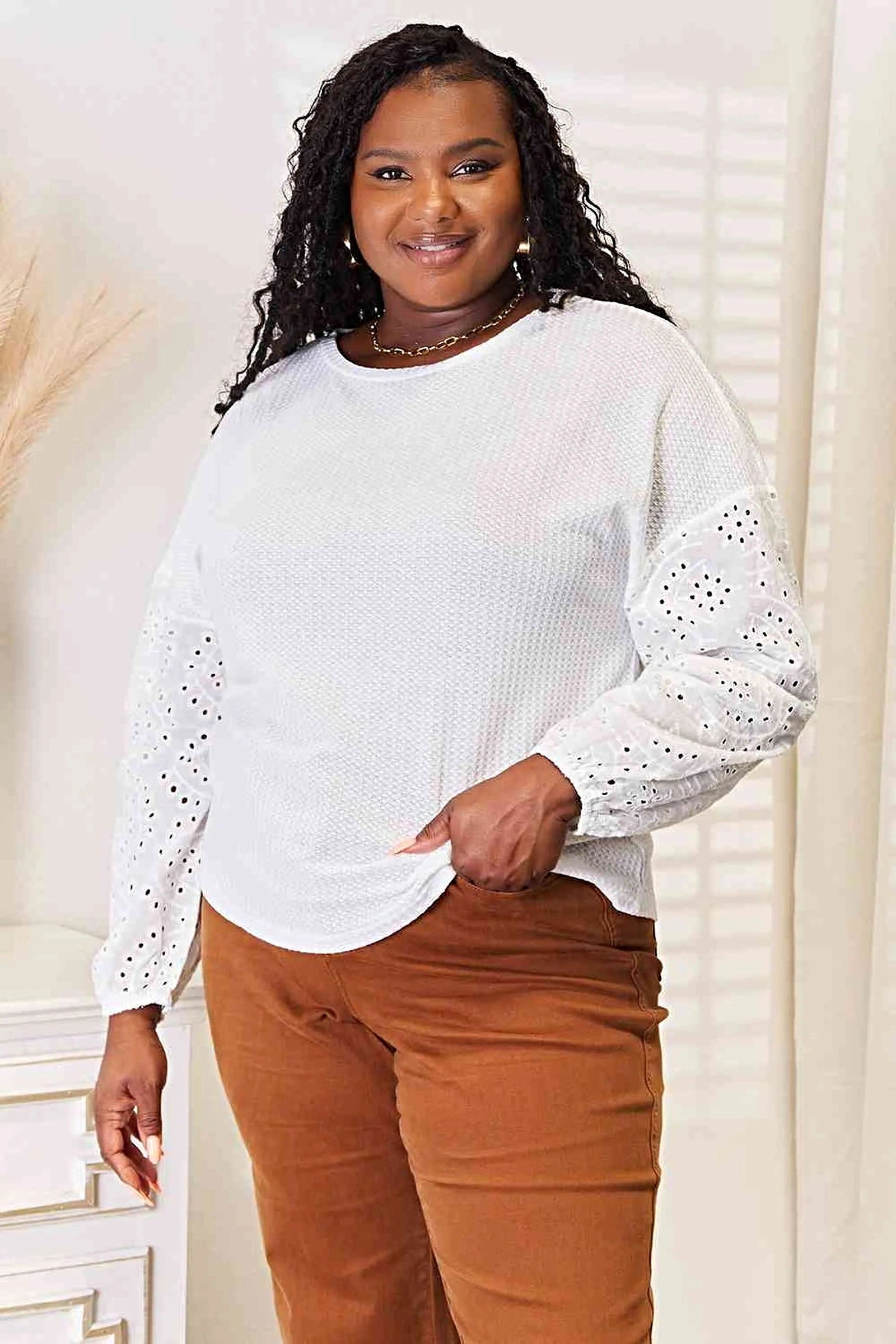 Elegant Double Take Eyelet Blouse Women with Dropped Shoulders & Round Neck, Plus Sizes Available Trendsi