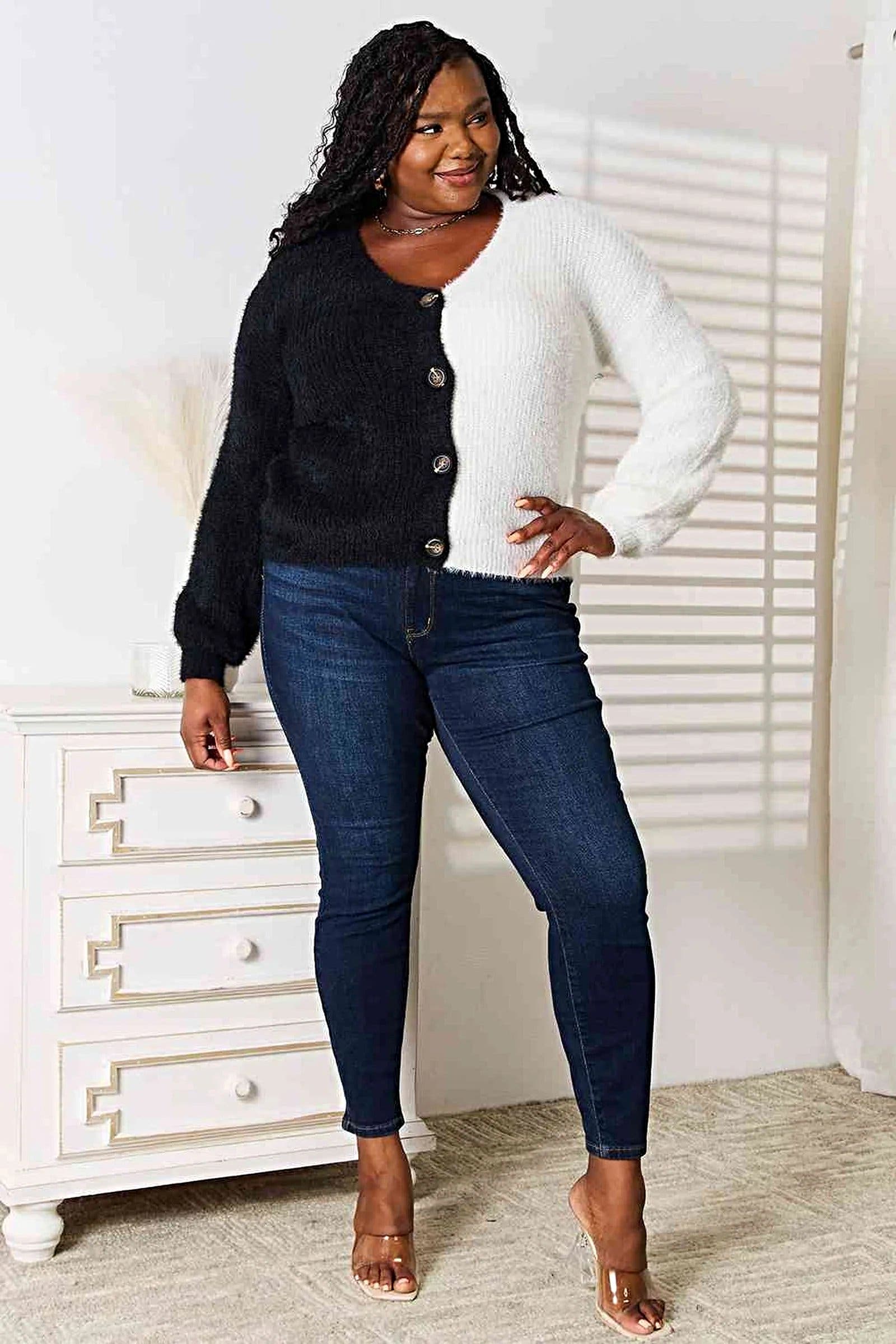 Woven Right Contrast Button-Front V-Neck Cardigan, Also in Plus sizes -